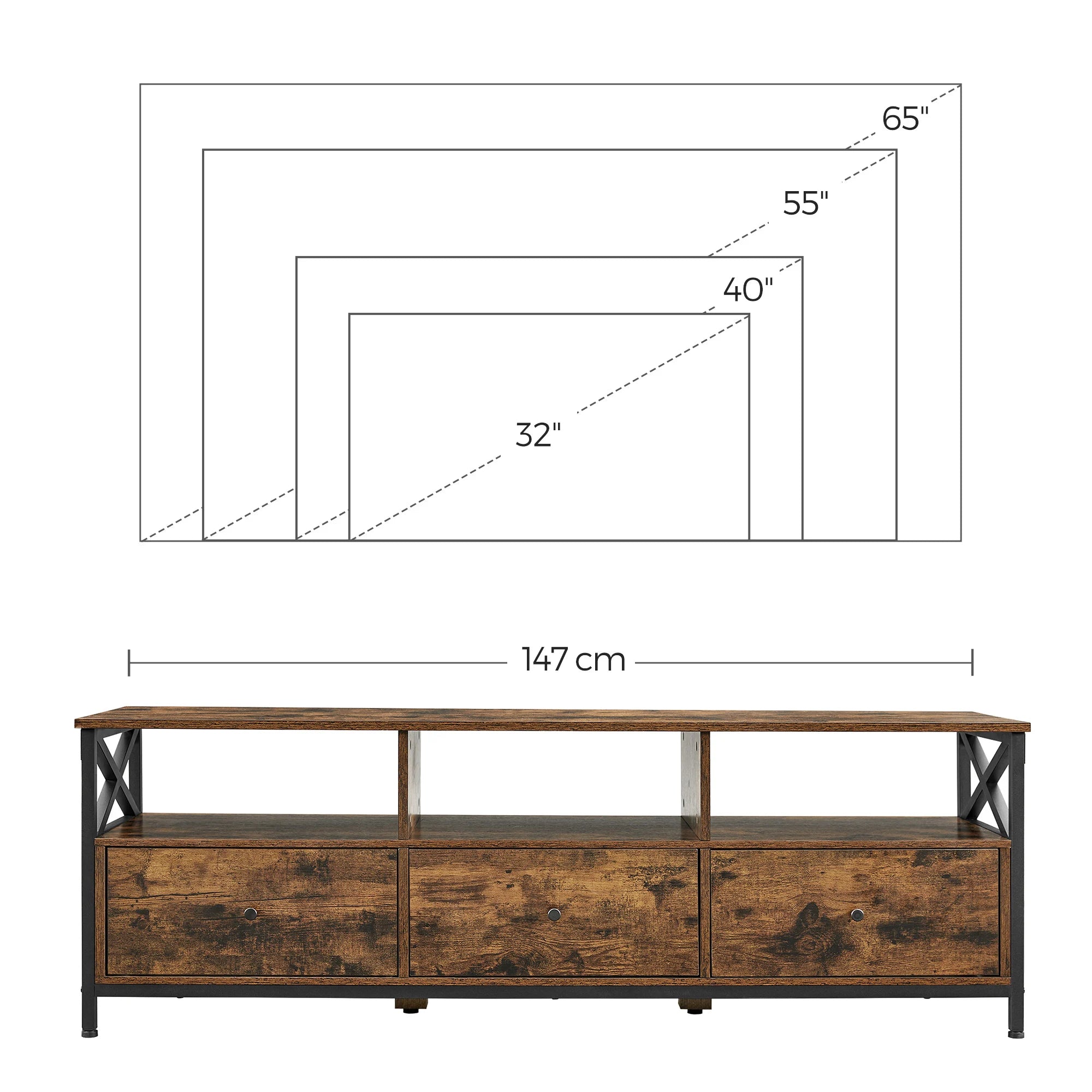 Lowboard / TV-Meubel 147 cm – Dressoir met 3 Laden en Stalen Frame