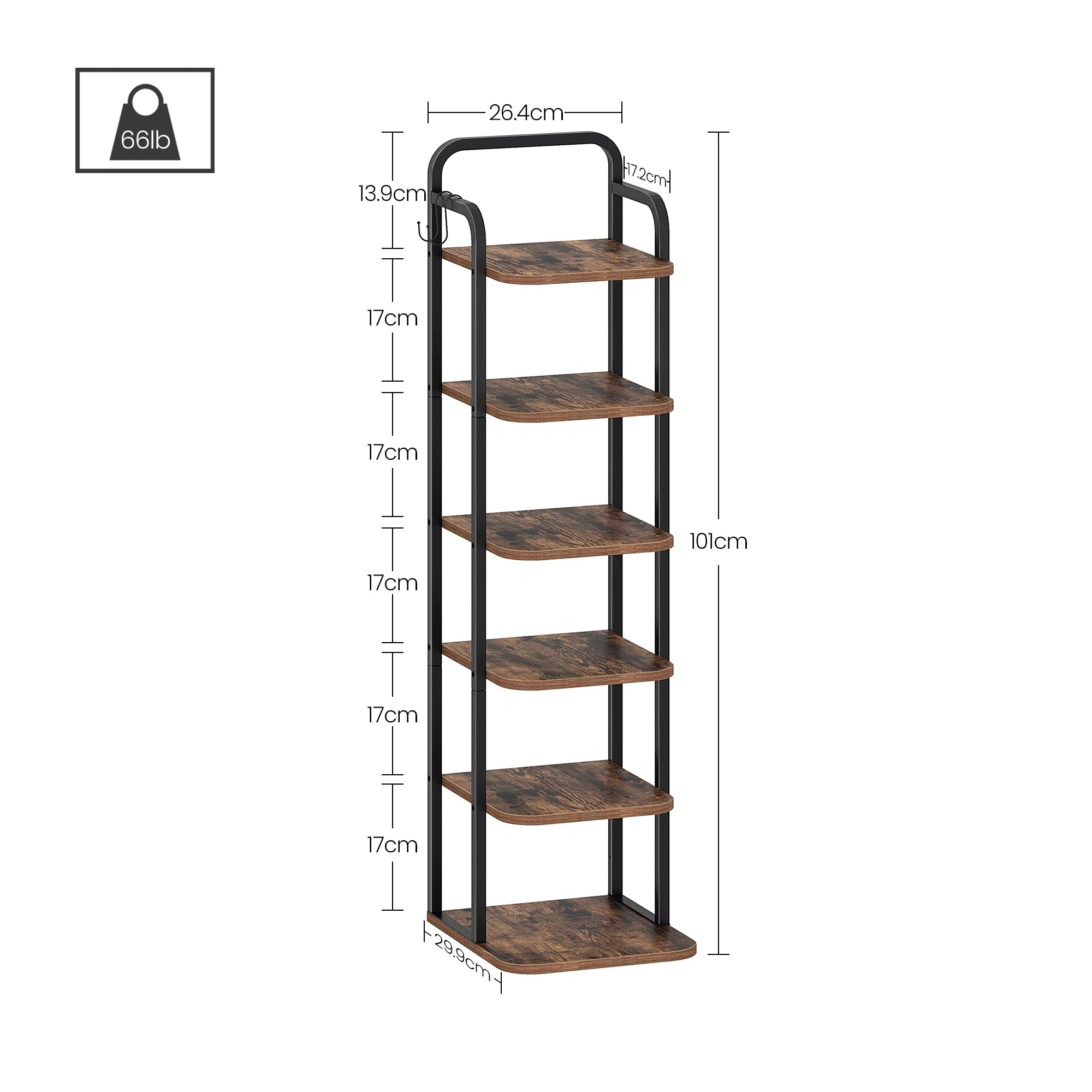 Smalle Schoenenrek 6 Laags – Verticale Schoenenkast voor Kleine Ruimtes – Houten Schoenen Organizer met Haken – Industrieel Design