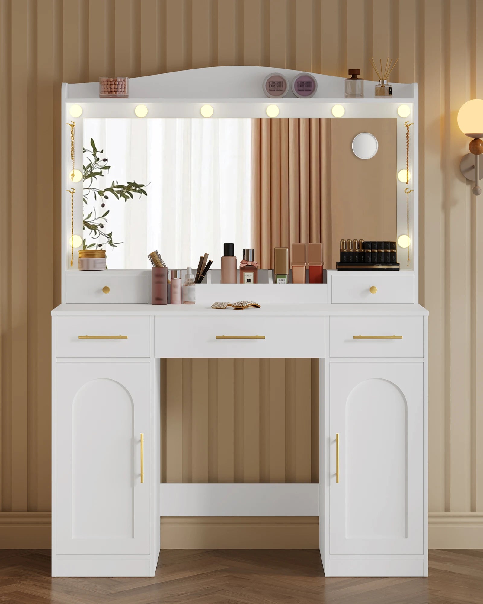 Moderne Kaptafel met LED‑Spiegel, 3 Kleuren LED‑Licht, 5 Laden en Opbergkast – Wit