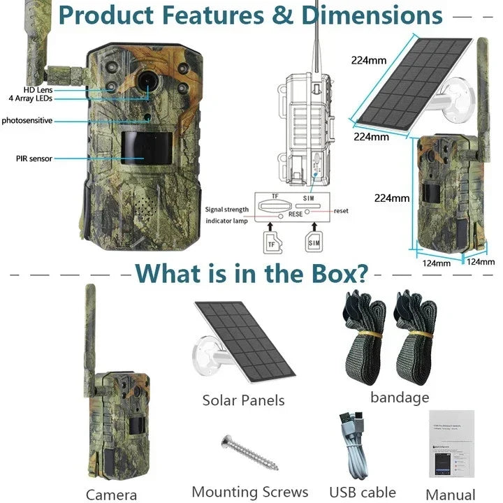 4G 4K Wild‑ en Jachtcamera met SIM‑verbinding, Zonne‑energie, Nachtzicht & Bewegingdetectie