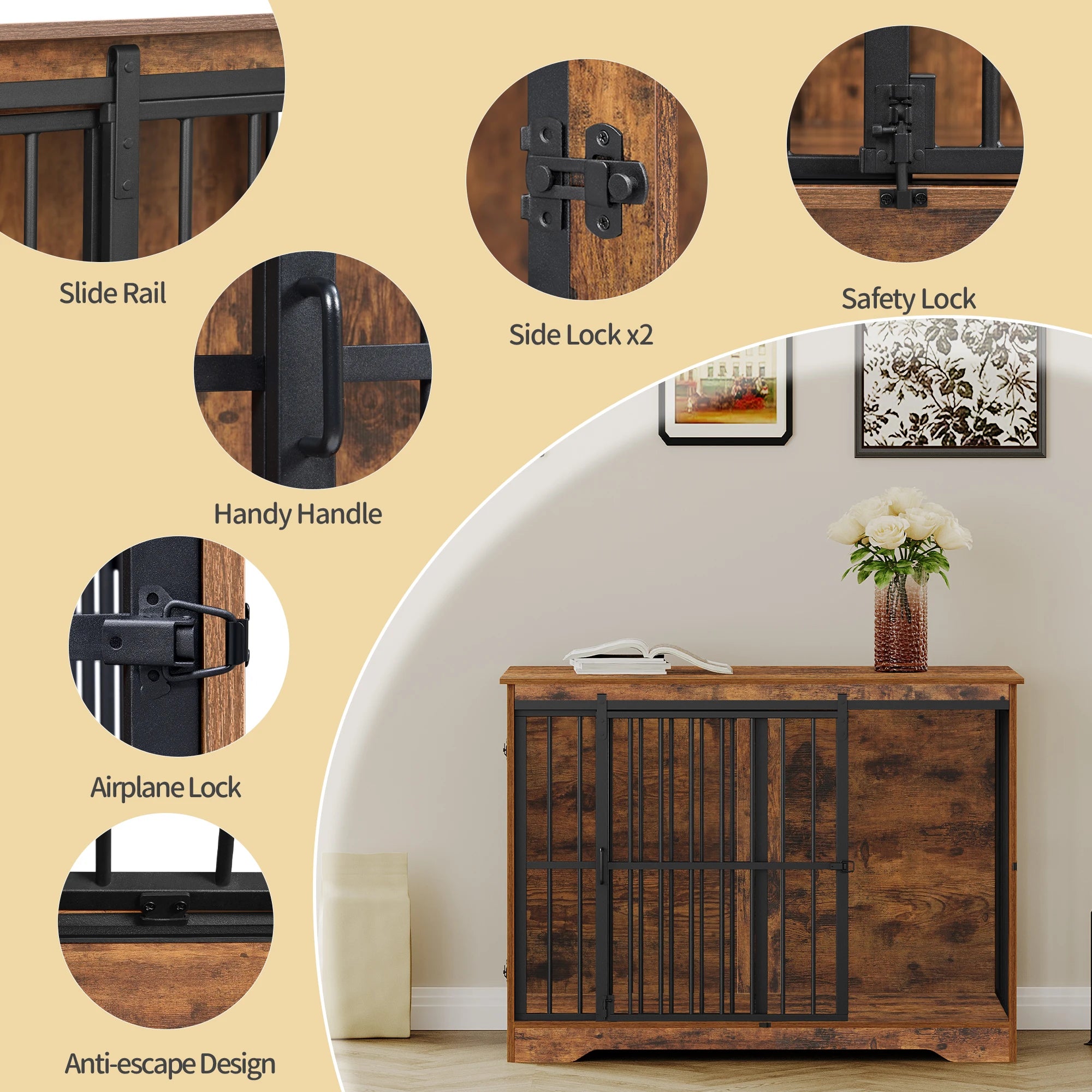 Houten Hondenbench Meubel XL met Schuifdeur – Design Hondenkooi voor Grote Honden – Industrieel Bijzettafel & Bench in Één