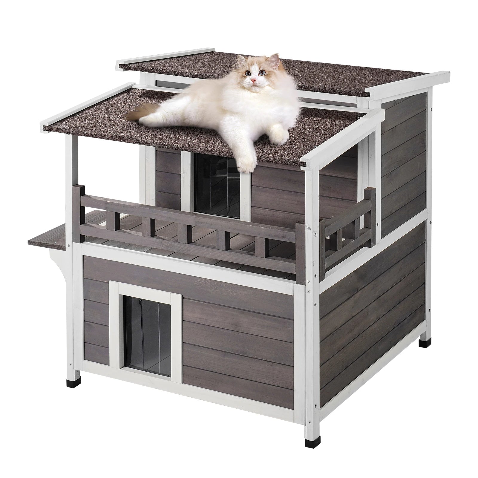 Buiten Kattenhuis Hout 2 Verdiepingen – Weerbestendig Kattenverblijf met Balkon en Dak – Luxe Kattenhuis voor Buiten
