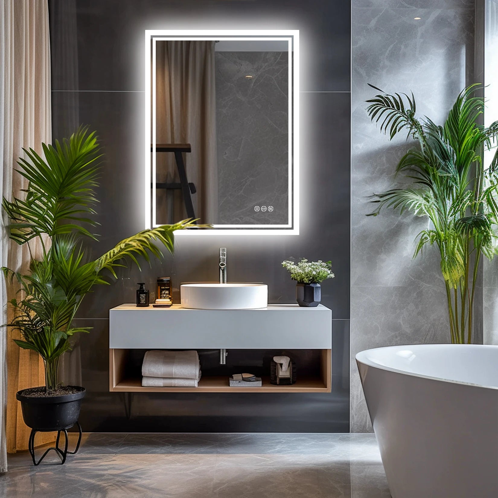 LED Badkamerspiegel met Verlichting – Dimbaar, Anti-Condens, Touch Bediening, IP65 Waterbestendig, Warm & Koel Licht