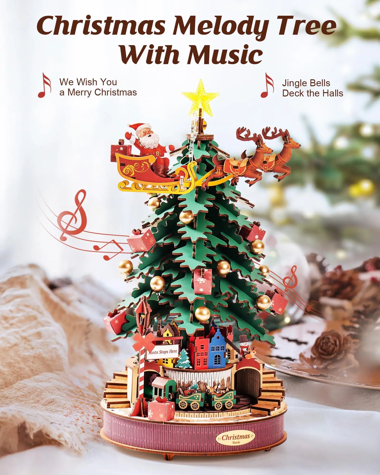 3D Houten Kerstboom Muziekdoos met Licht – DIY Kerstpuzzel met Kerstmelodieën – Decoratieve Kerst Muziekdoos voor Tafeldecoratie en Cadeau