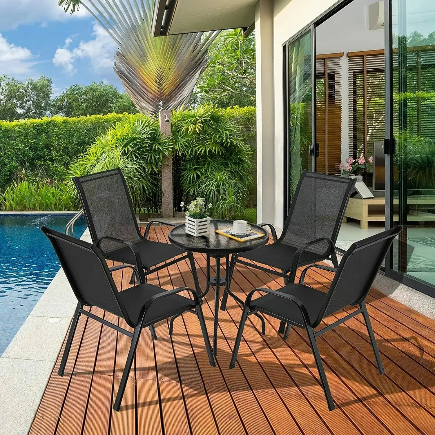 Set van 4 Stapelbare Tuinstoelen – Metalen Tuinstoelen met Hoge Rugleuning & Teslin Zitting – Zwart – Tot 150 kg