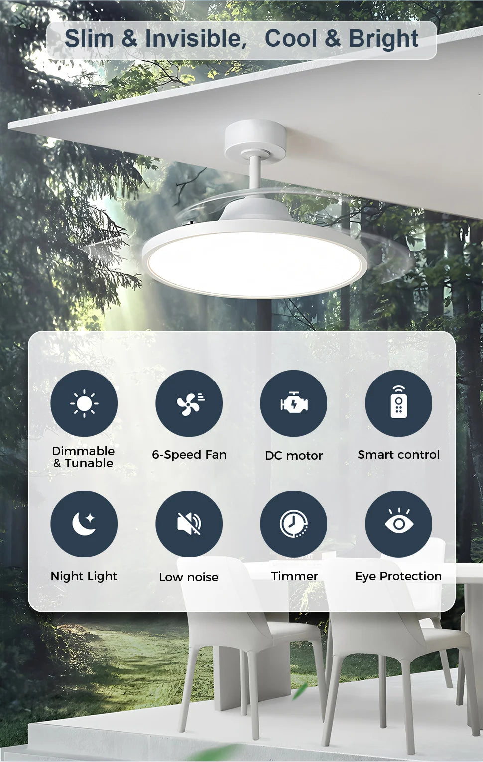 Plafondventilator met Lamp en Uitschuifbare Bladen – Slimme LED Plafondlamp met Afstandsbediening & App