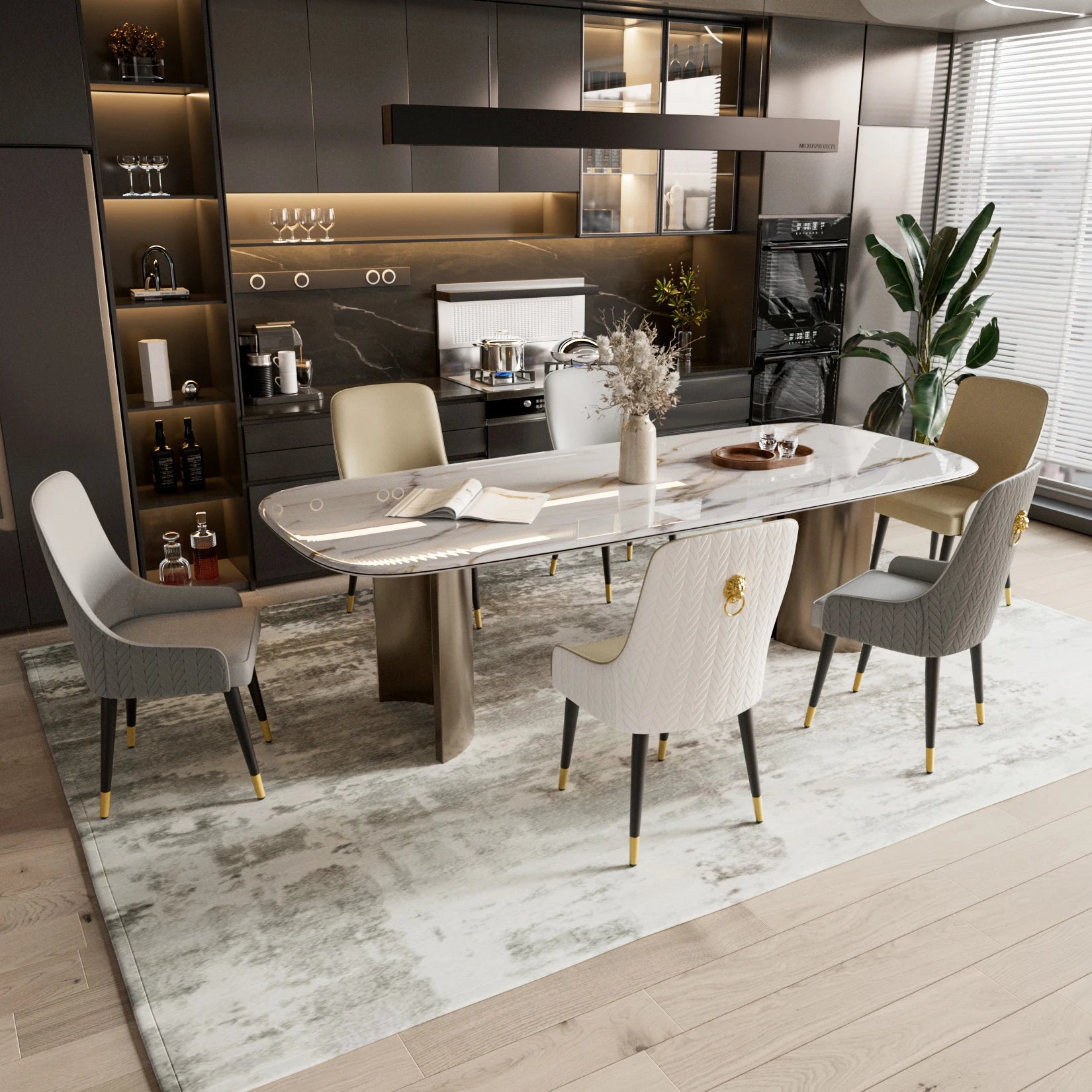 Moderne Eetkamerstoelen Set van 2 – PU Leer met Leeuwenkop Trekring en Metalen Poten