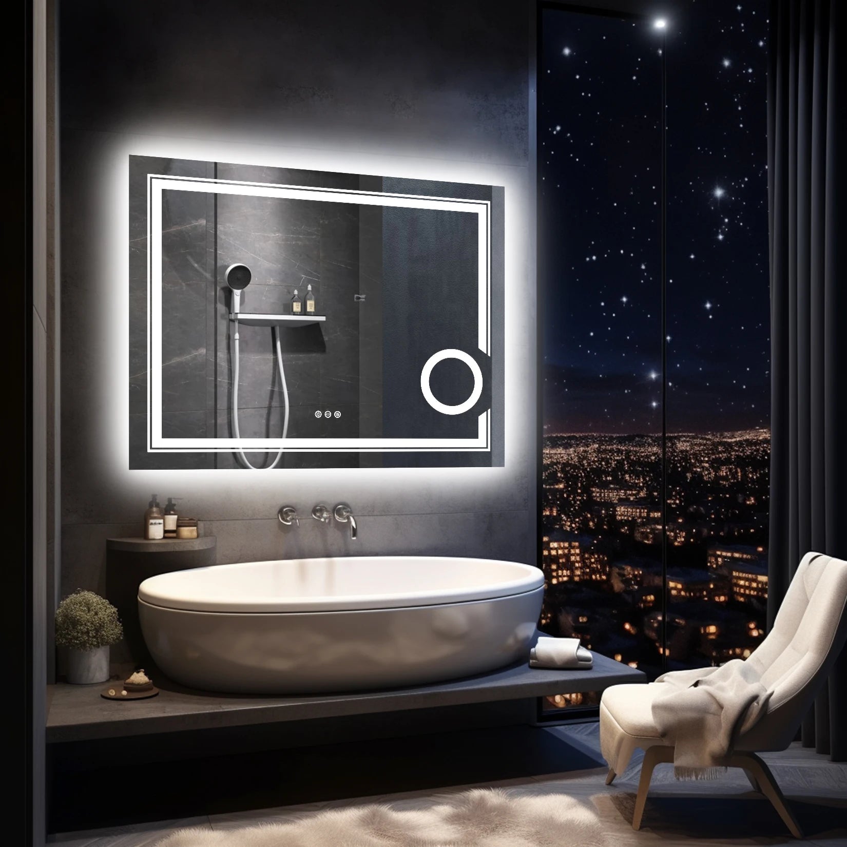 Moderne LED Badkamerspiegel 60×45 cm – Dimbare Verlichting, Anti-Condens & Touch Bediening – Wandspiegel met Verlichting en 3x Vergrootglas