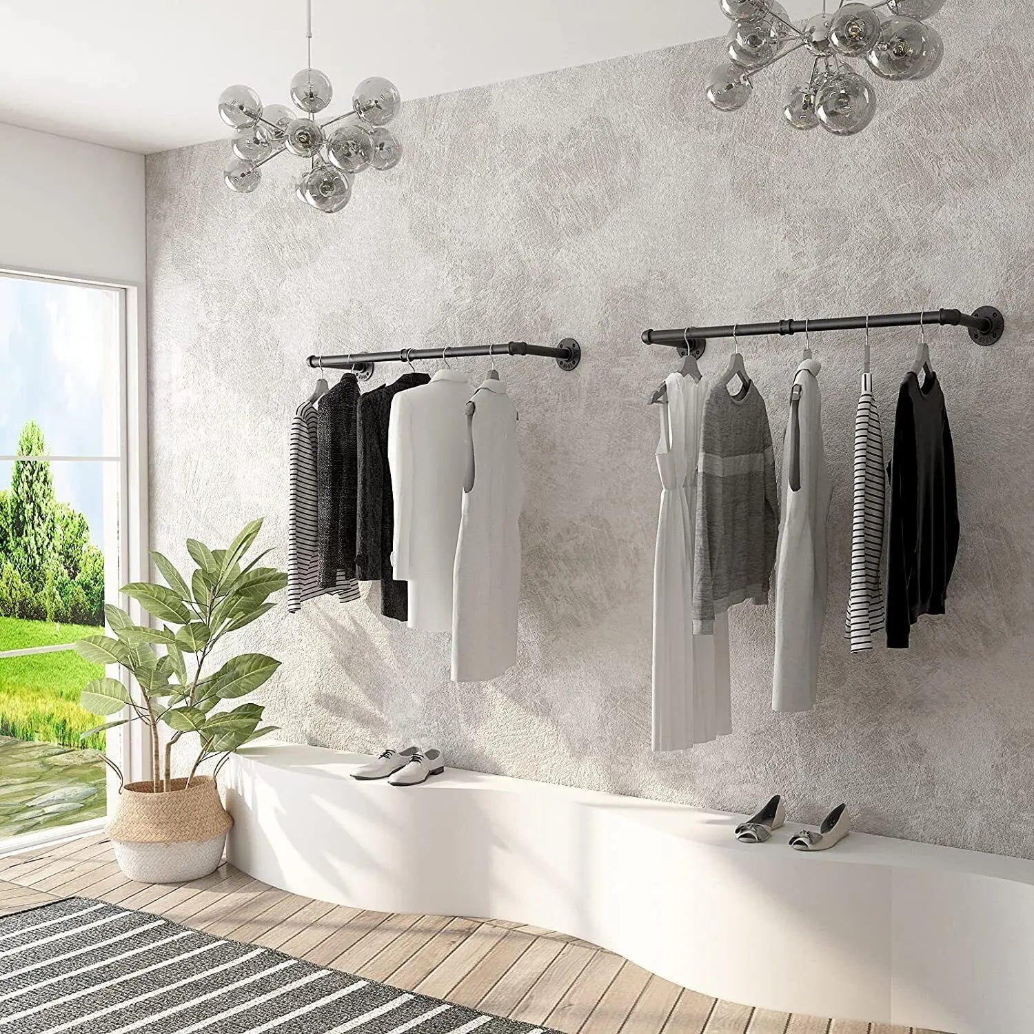 Industriële Wand Kledingrek Set van 2 – Metalen Pijp Kledingstang Zwart – Wandmontage Organizer