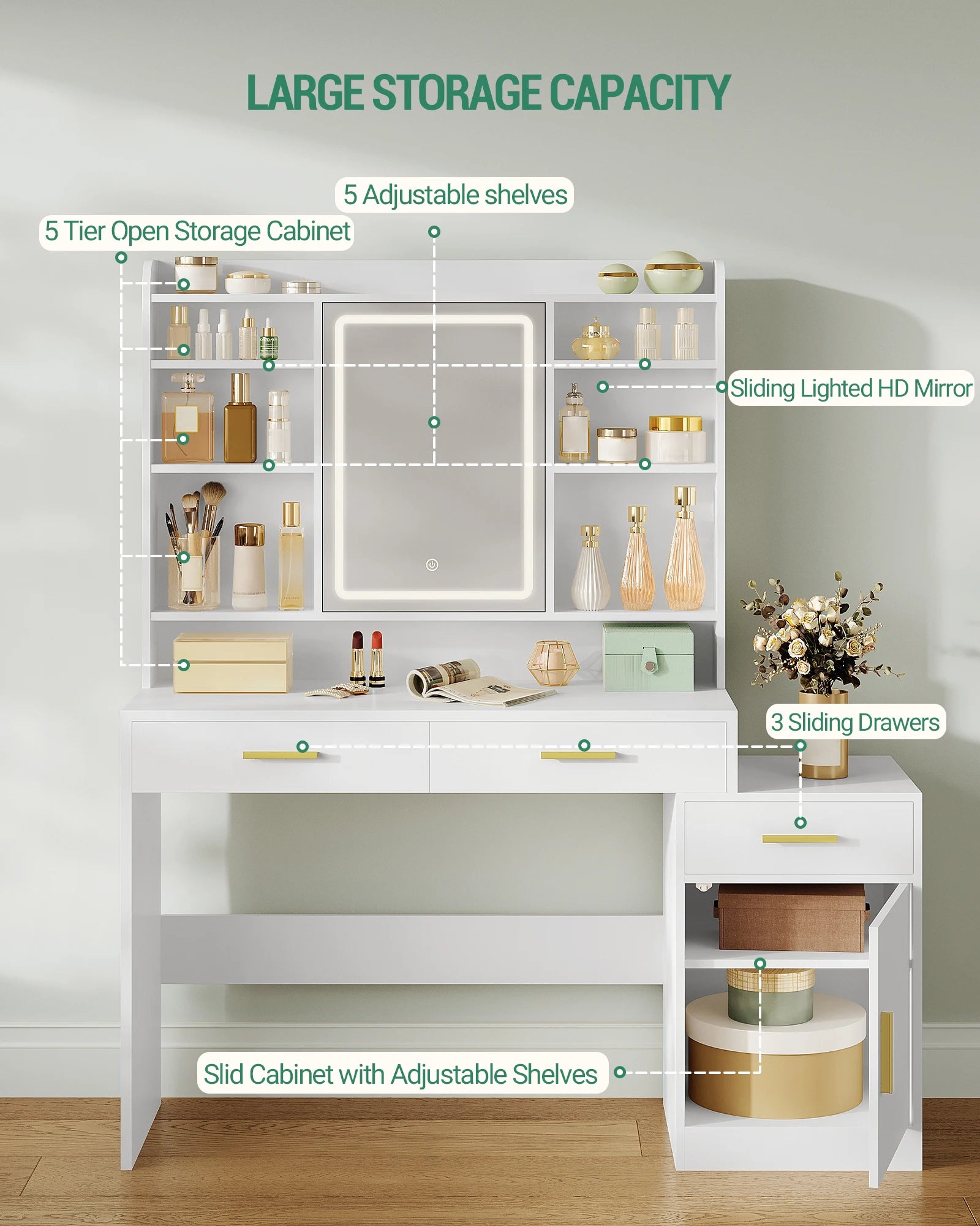 Kaptafel met LED Spiegel en Opbergruimte – Moderne Make-up Tafel met 3 Laden, Kast en Schappen – Witte Dressing Table voor Slaapkamer