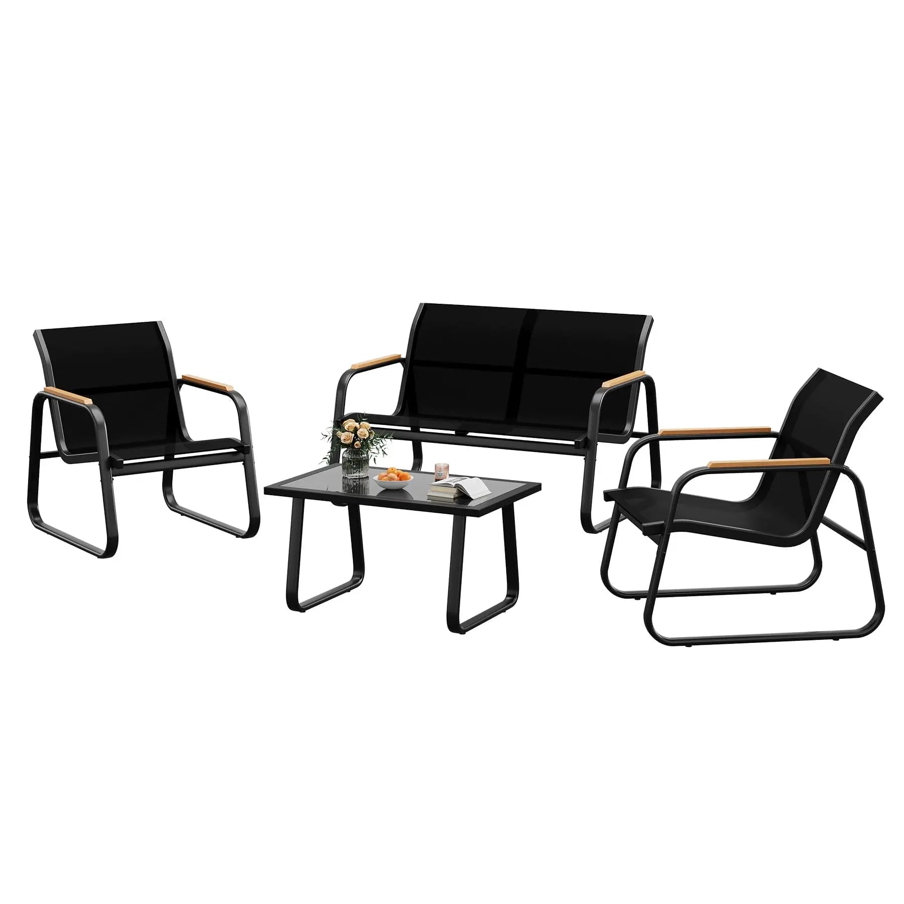 4-Delige Tuinmeubelset – Loungeset met 2-Zitsbank, 2 Stoelen & Glazen Salontafel – Weerbestendige Tuinset voor Tuin, Terras & Balkon