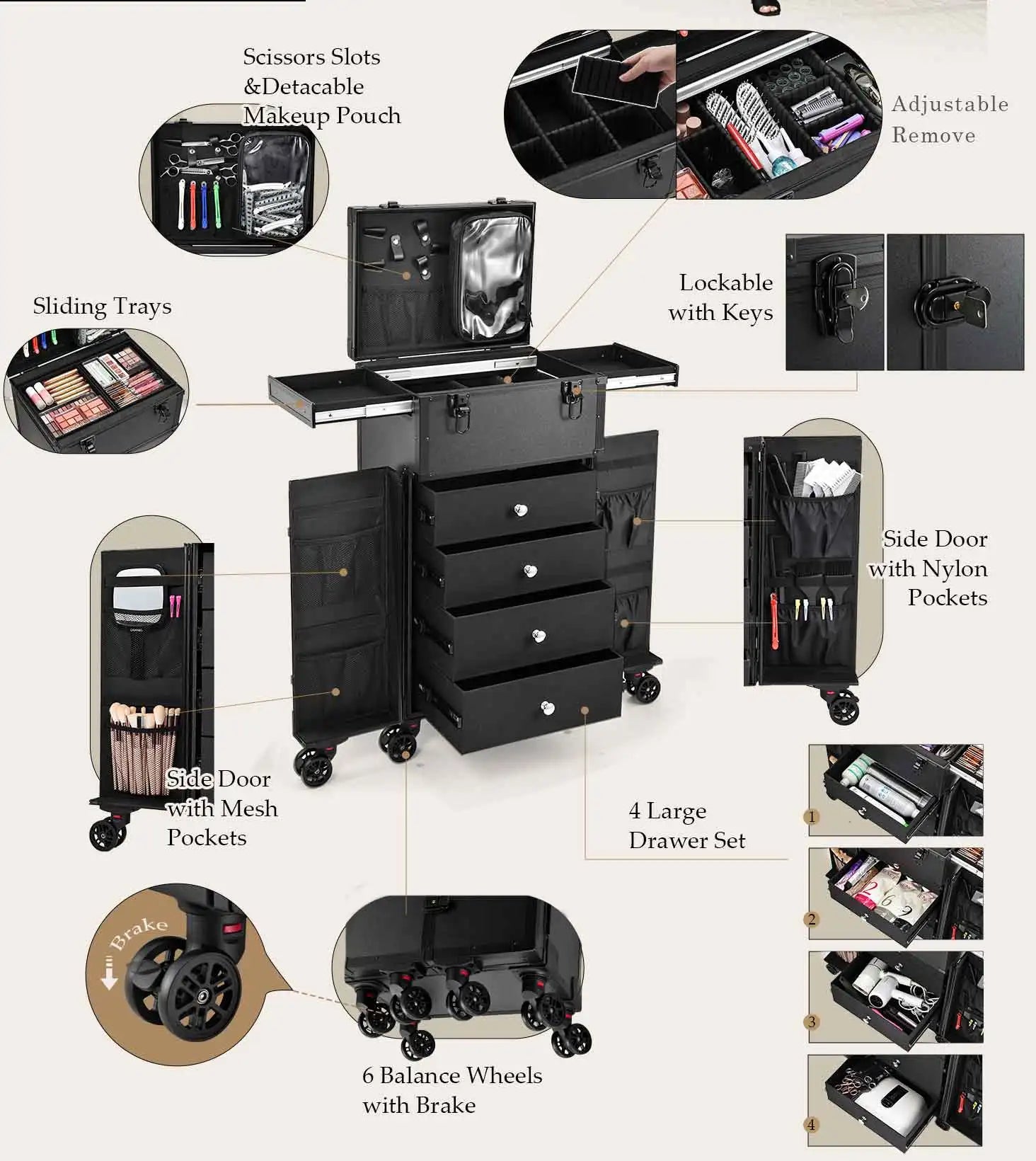 Professionele Make-up Koffer 4 Lades – Reiskoffer voor Cosmetica en Haarstyling – Trolley met Organizers en Waterdichte Behuizing