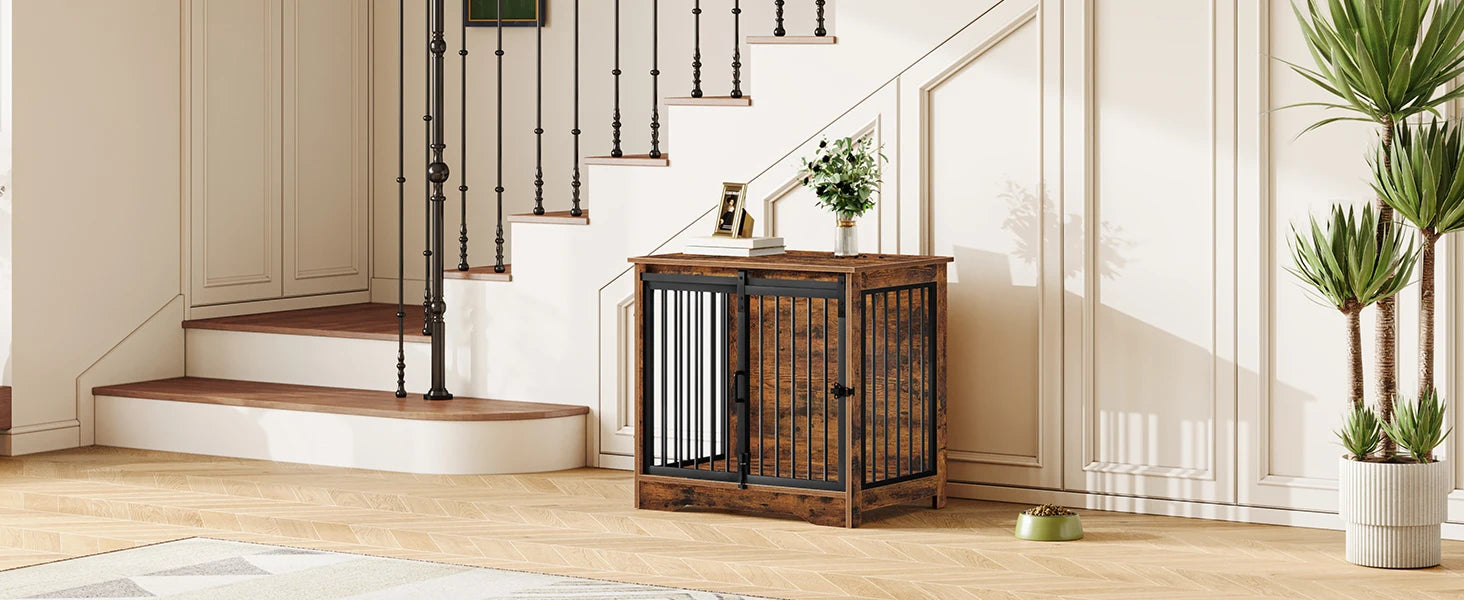 Houten Hondenbench Meubel met 2 Deuren – Industriële Hondenkooi Binnen – Hond Bench Tafel voor Kleine Honden – Vintage Bruin