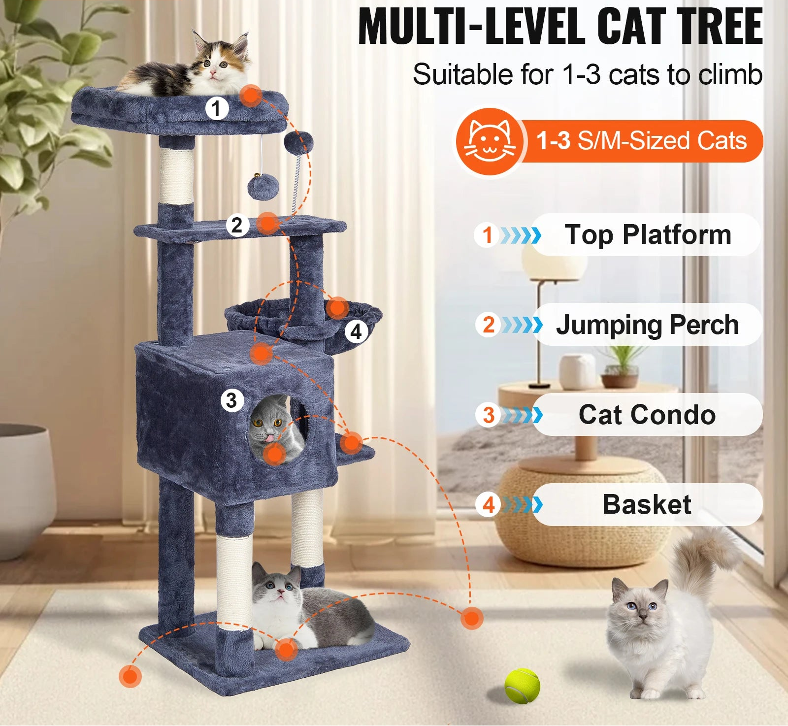Kattenboom met Krabpaal en Hangmat – 5 Niveaus Donkergrijs met Huis en Speeltjes voor Binnenkatten