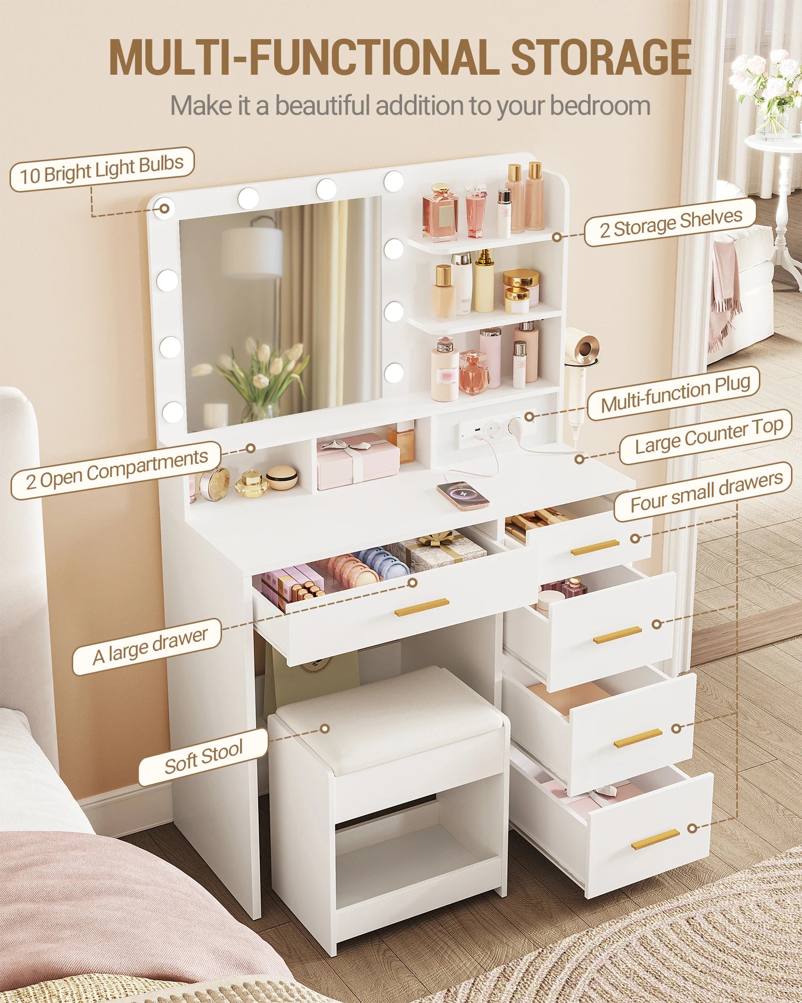Kaptafel met LED Verlichting en Spiegel – 3 Lichtkleuren, 5 Laden, Stopcontact & USB – Inclusief Kruk – Wit Modern Design