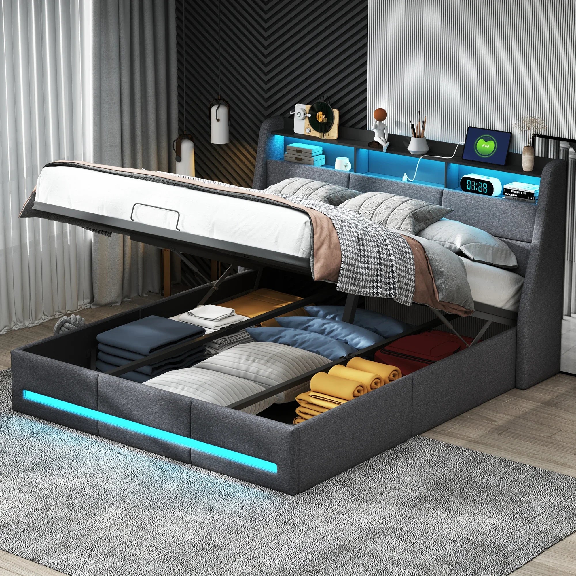 Gestoffeerd tweepersoonsbed 140/160x200 cm met LED‑hoofdeinde, USB‑oplaadfunctie en hydraulische opbergruimte