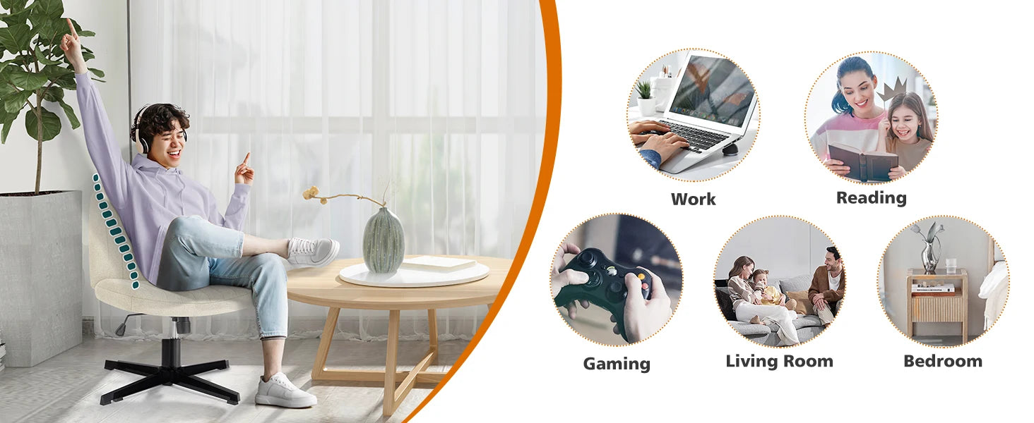 Brede verstelbare armloze draaistoel voor kantoor, woonkamer, gaming & bureau – comfortabele stof – 360° swivel