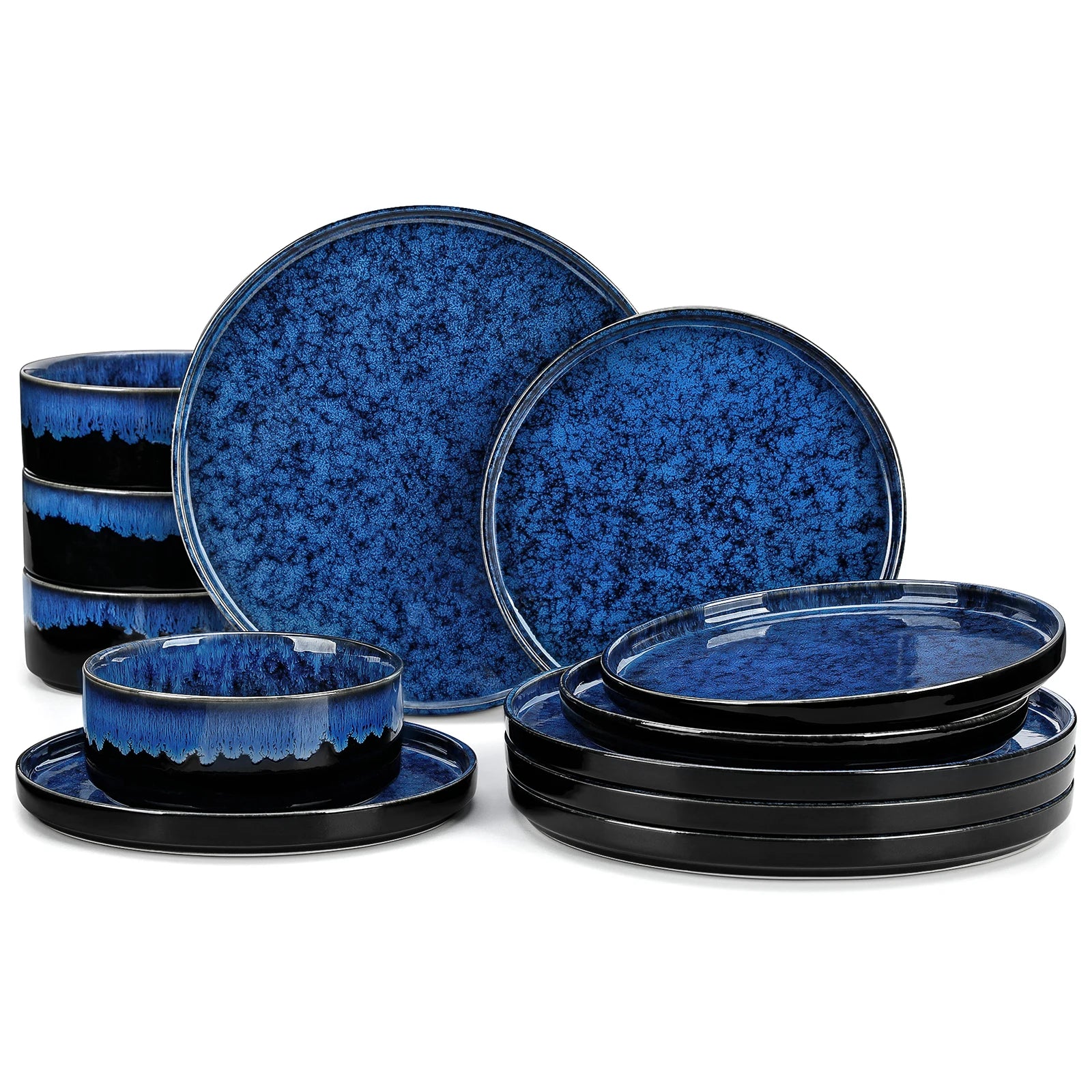Keramische Diner Set 12/24/36 Delig – Zwart Blauw Servies met Reactief Glazuur – Moderne Borden en Kommen Set
