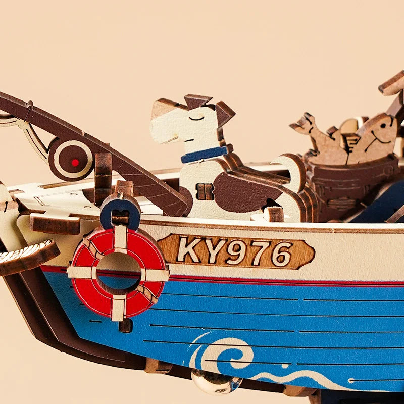 3D Houten Puzzel Vissersboot – DIY Bouwpakket met Bewegende Onderdelen – Mechanische Modelboot Decoratie en Creatief Cadeau 14+