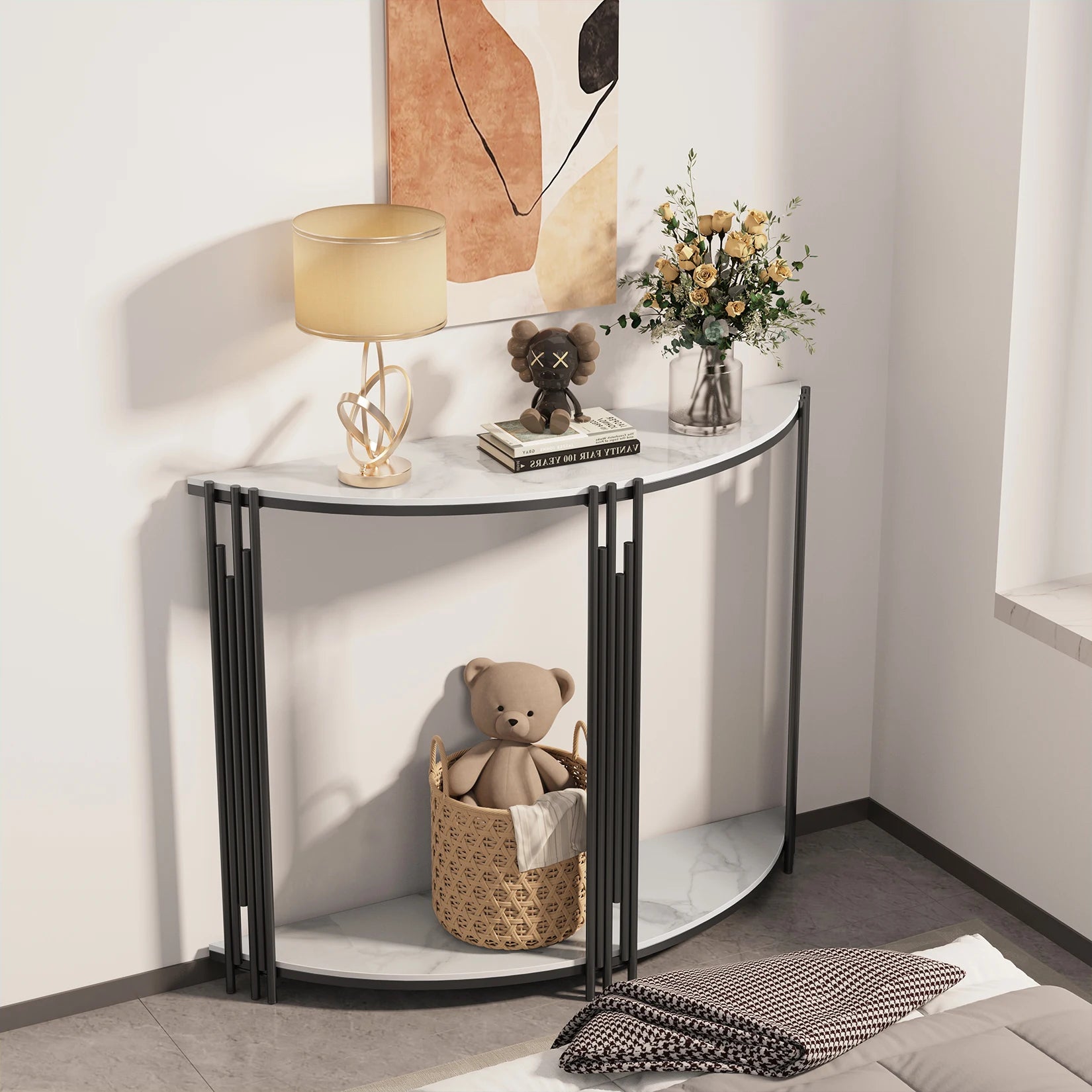 Half Moon Console Tafel van Echt Marmer Look – Moderne Haltafel met 2 Lagen voor Entree & Woonkamer
