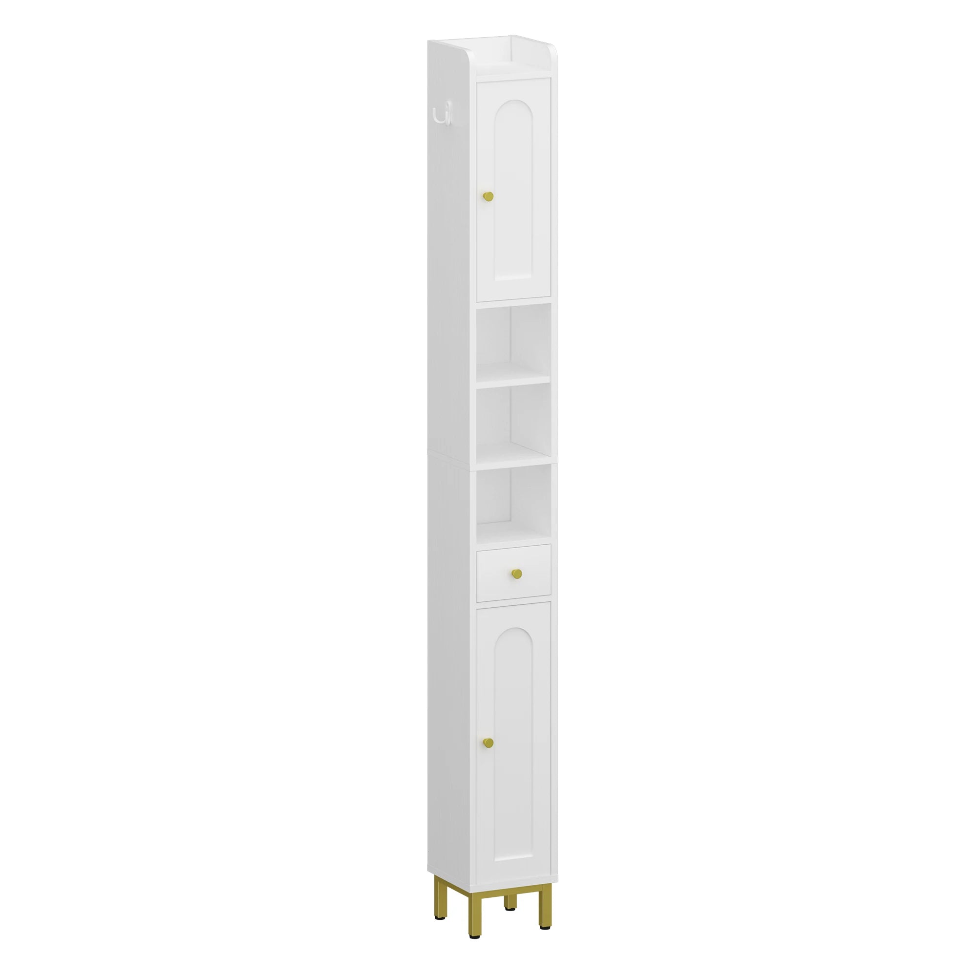 Smalle Badkamerkast met Deuren en Lade – Hoge Opbergkast voor Toilet en Badkamer – Wit Houten Design 180 cm