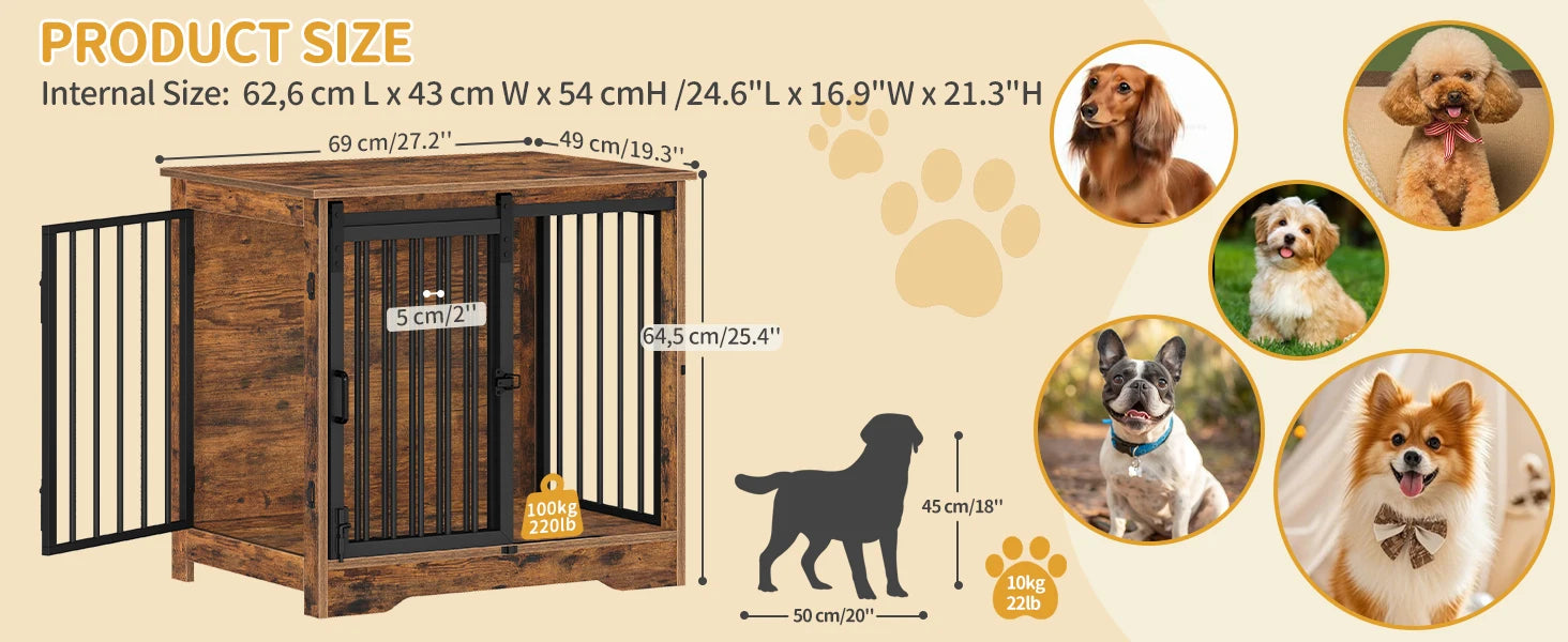 Houten Hondenbench Meubel met 2 Deuren – Industriële Hondenkooi Binnen – Hond Bench Tafel voor Kleine Honden – Vintage Bruin