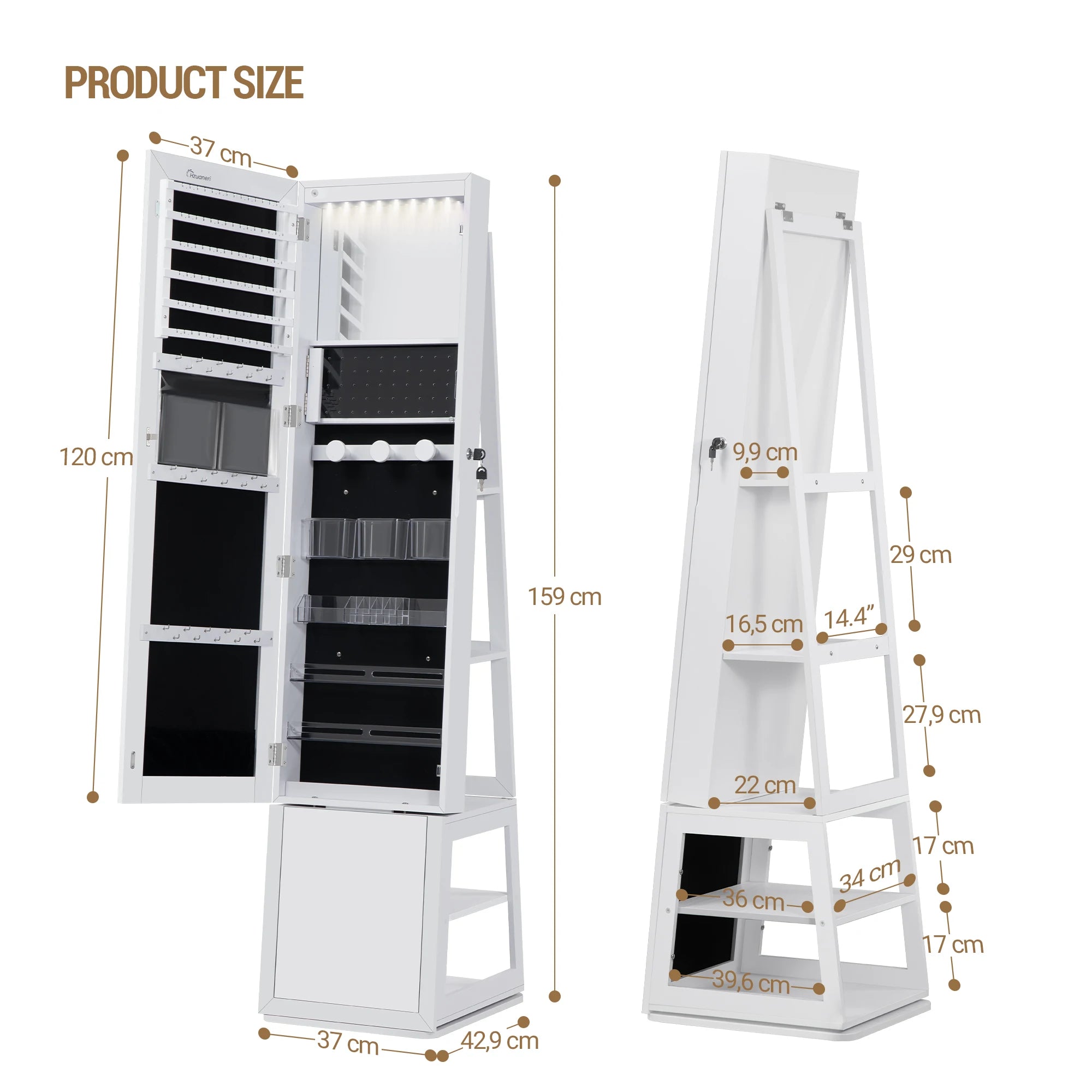 Sieradenkast met Spiegel 360° Draaibaar – Staande Sieraden Organizer met LED Verlichting & Opbergruimte