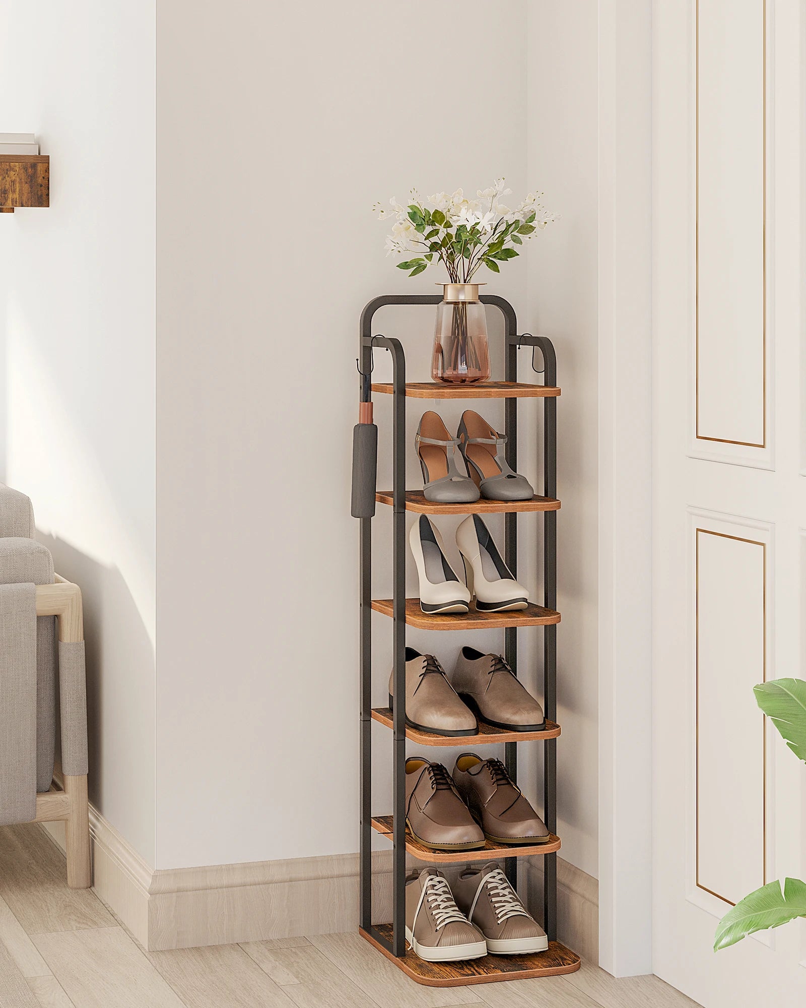Smalle Schoenenrek 6 Laags – Verticale Schoenenkast voor Kleine Ruimtes – Houten Schoenen Organizer met Haken – Industrieel Design