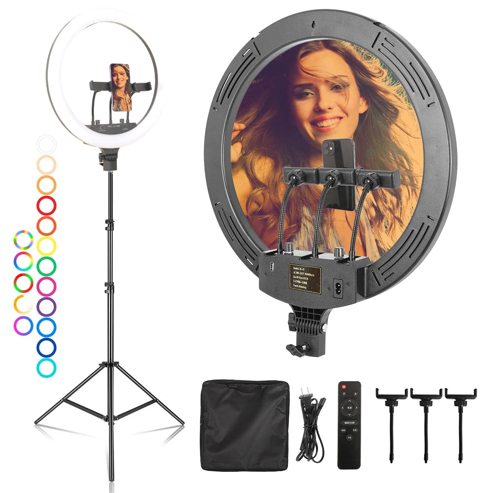 Dimbare 18 Inch RGB Selfie Ringlamp met Tripod en Telefoonhouder – Make-up, YouTube en Fotografie Studio Verlichting