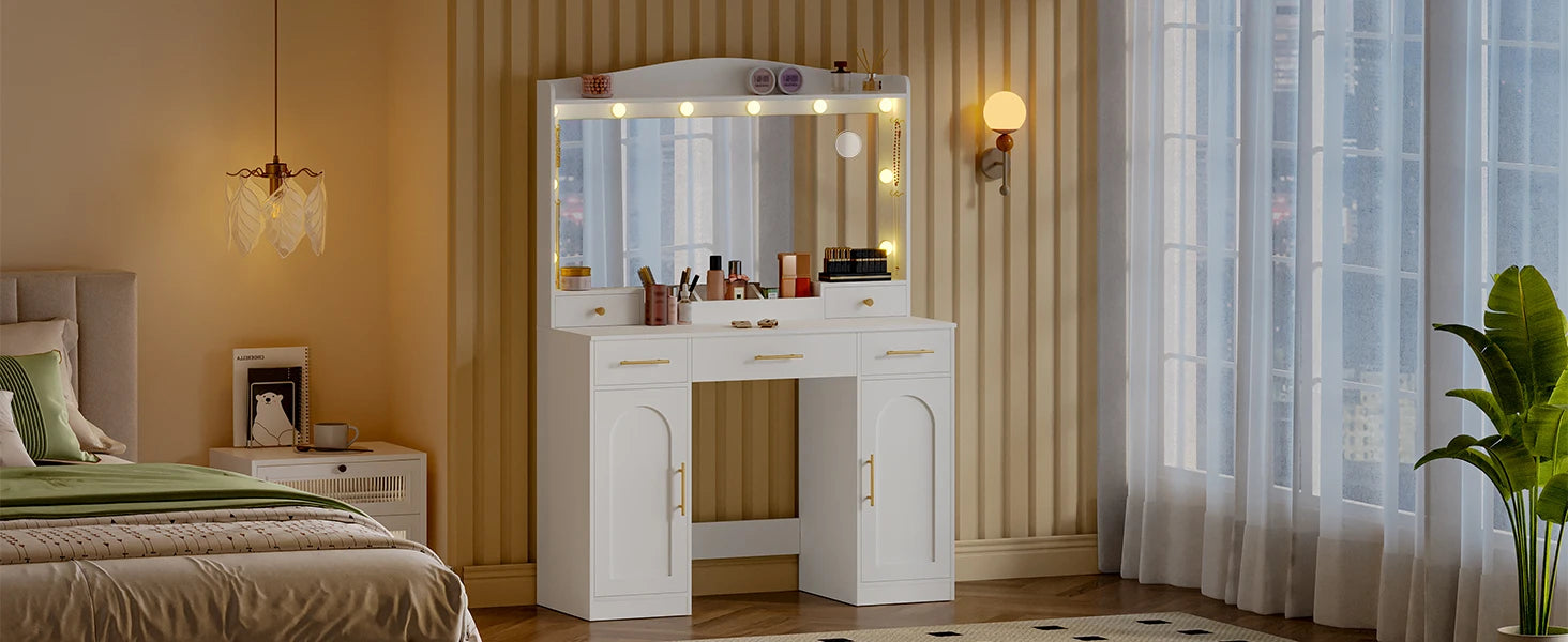 Moderne Kaptafel met LED‑Spiegel, 3 Kleuren LED‑Licht, 5 Laden en Opbergkast – Wit