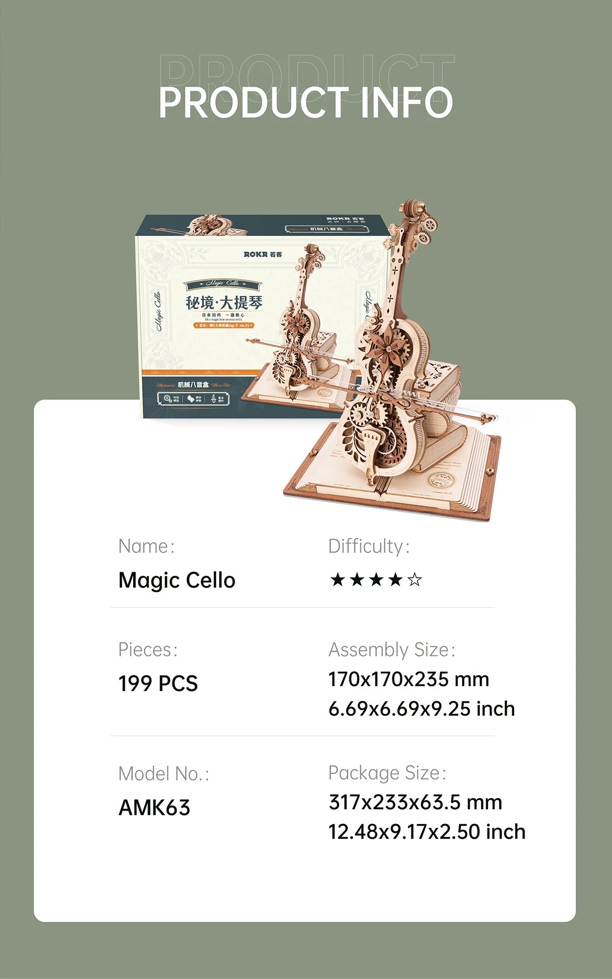 3D Houten Puzzel Cello Muziekdoos – Mechanisch Bouwpakket Creatief Speelgoed voor Kinderen en Volwassenen