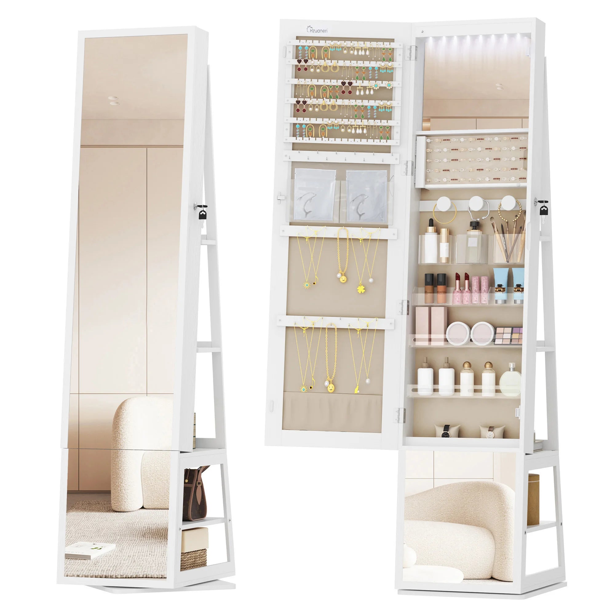 Sieradenkast met Spiegel 360° Draaibaar – Staande Sieraden Organizer met LED Verlichting & Opbergruimte