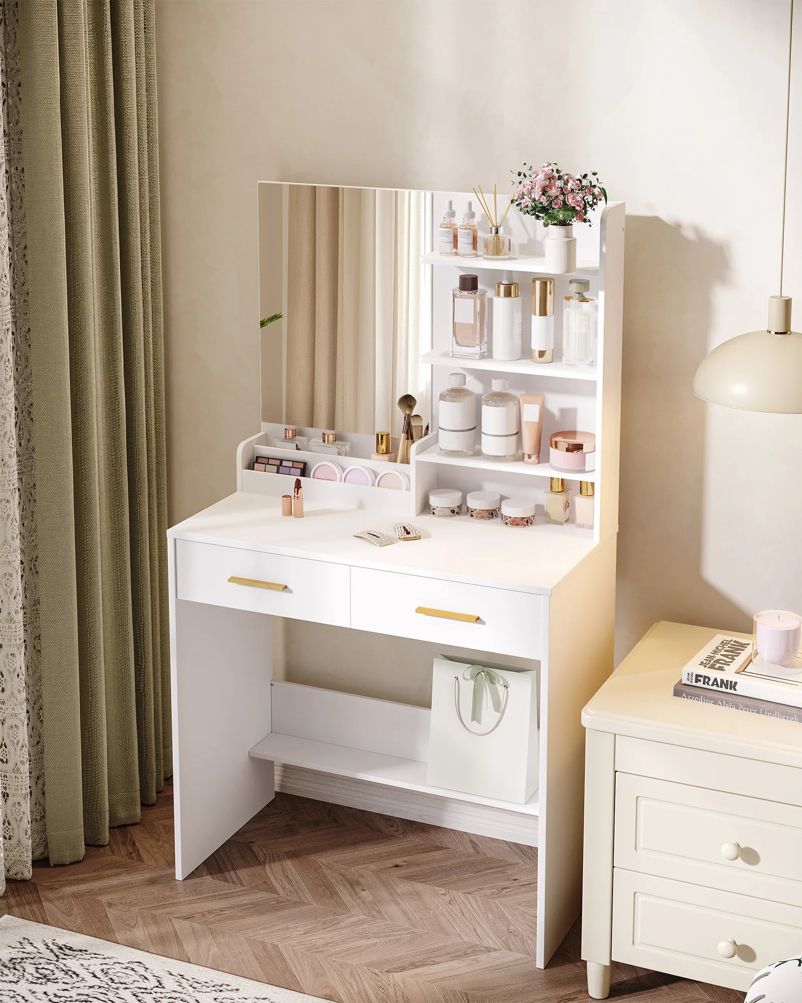 Kaptafel met Spiegel en Lades – Witte Make-up Tafel met Opbergruimte, 4 Open Planken & 2 Lades – Moderne Vanity Tafel Slaapkamer