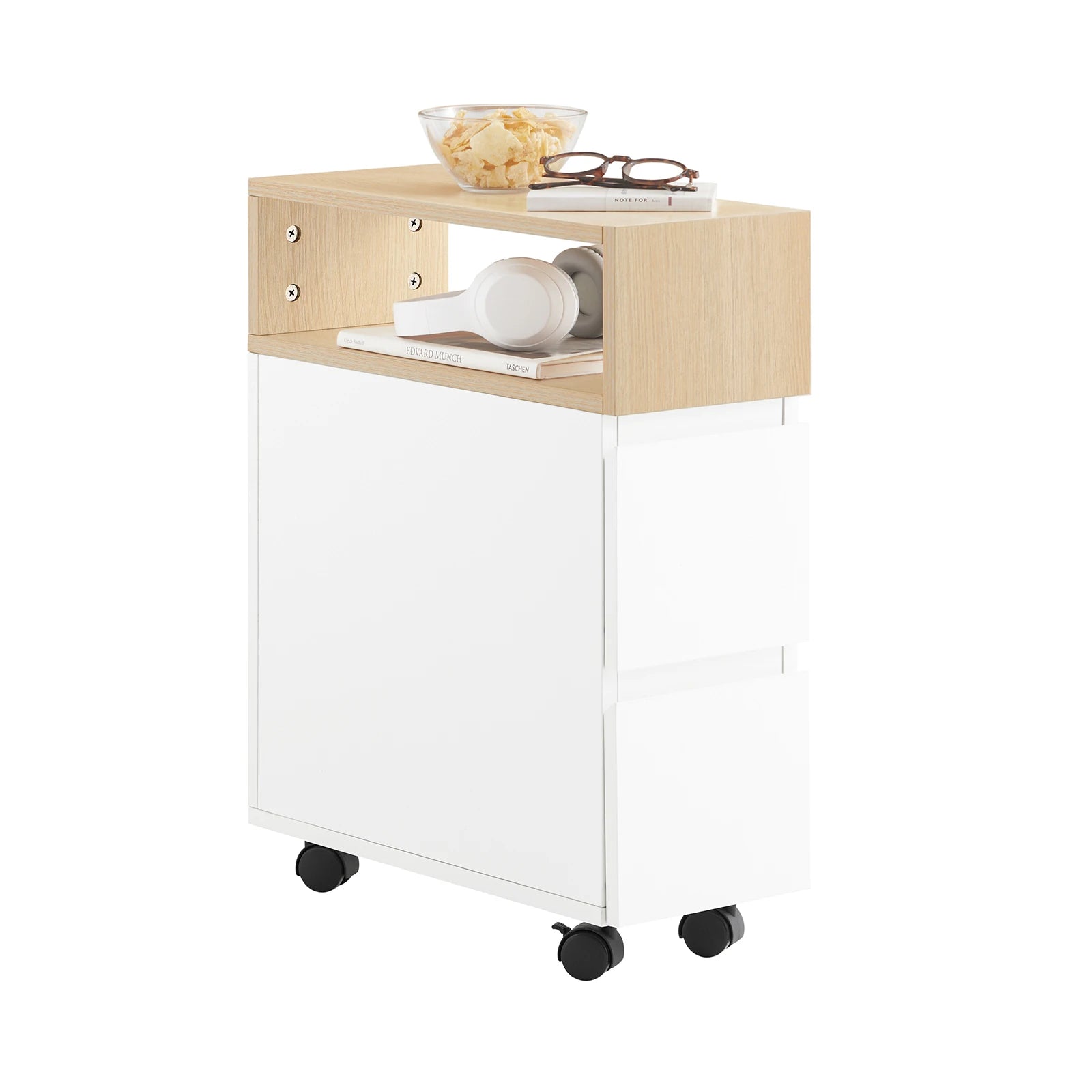Witte Nachtkast Trolley met Nisplank en Wieltjes – Praktisch Nachtkastje voor Badkamer & Bed