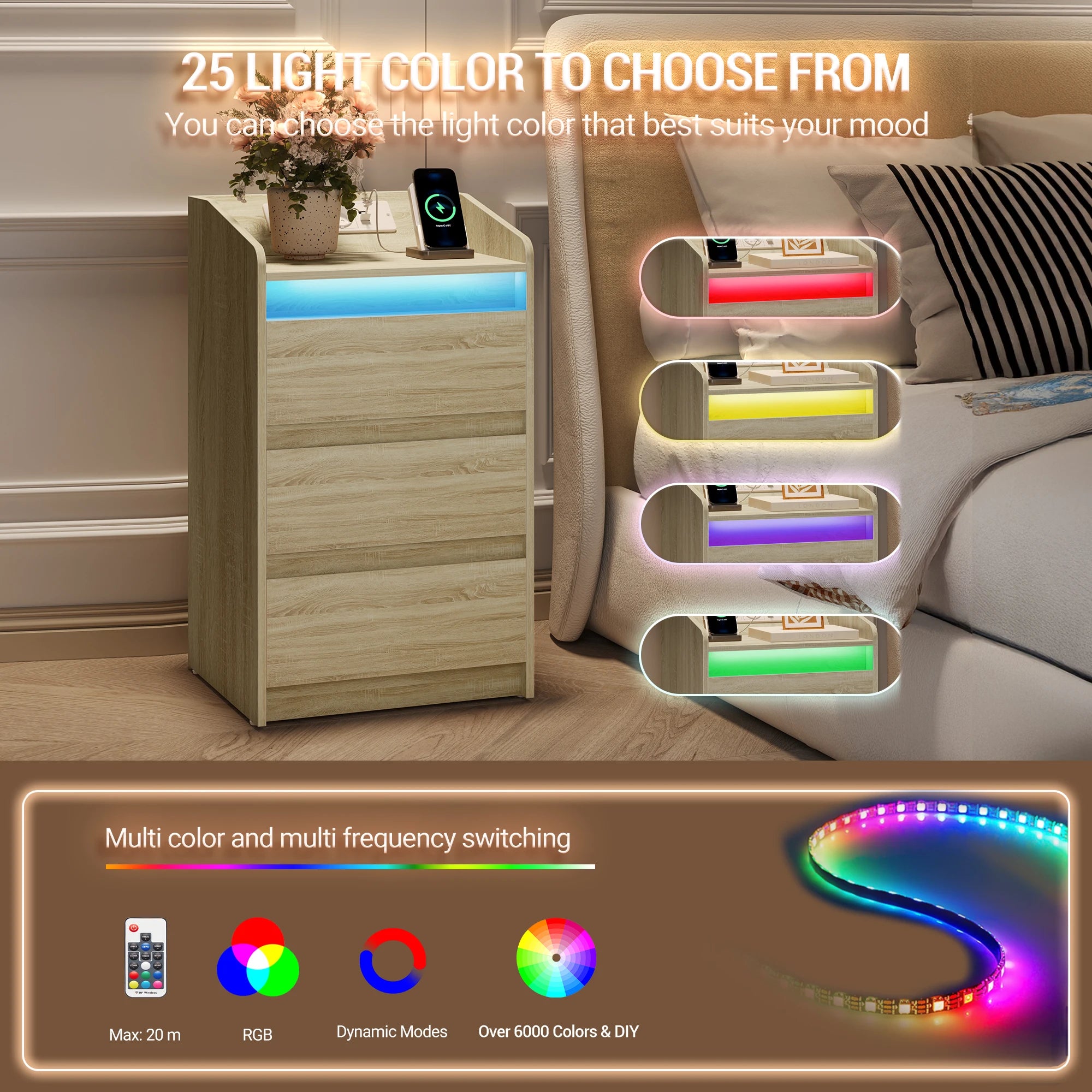 Nachtkast met Oplaadstation, LED‑Verlichting en 3 Laden