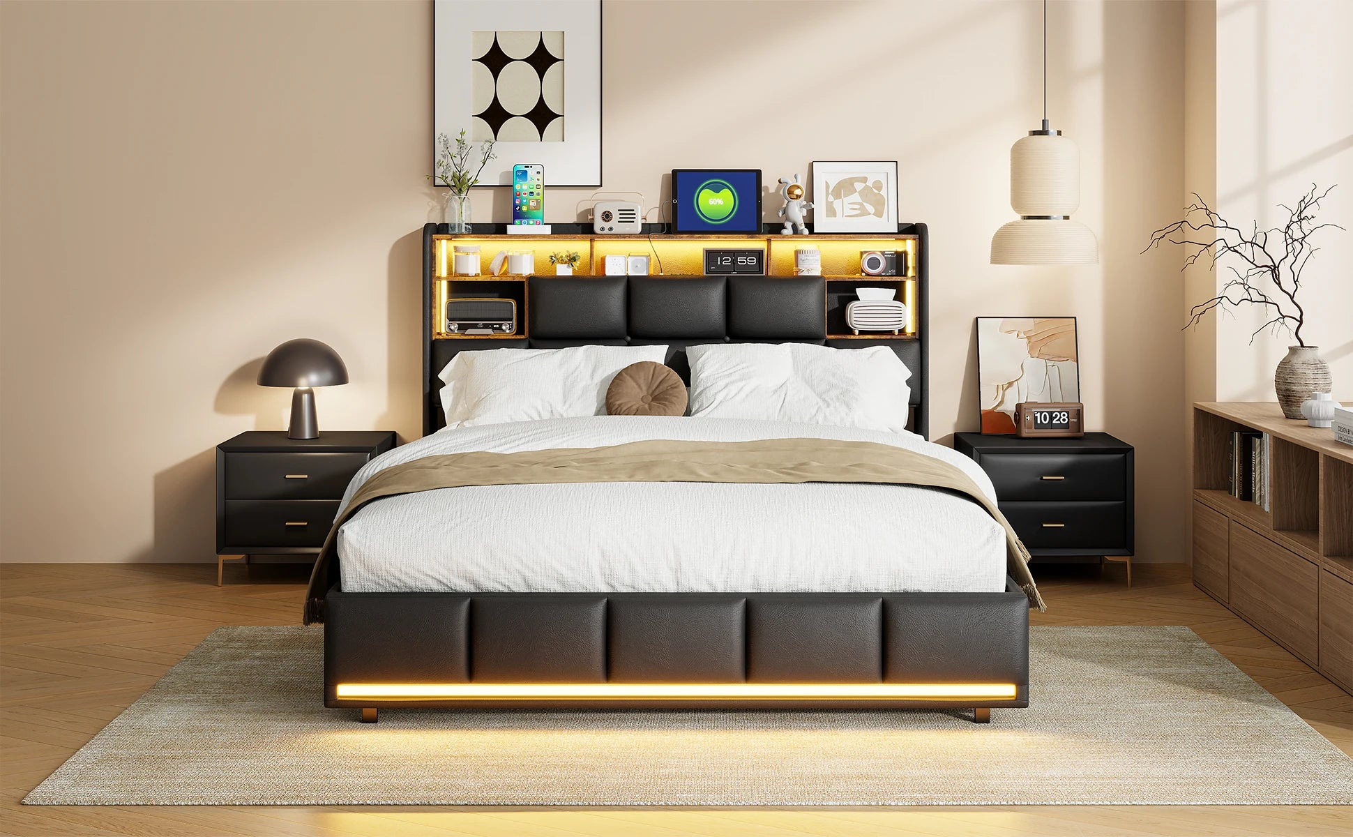 Gestoffeerd Tweepersoonsbed 140x200 cm met LED‑verlichting, USB‑Oplaadpoort en Hydraulische Opbergruimte