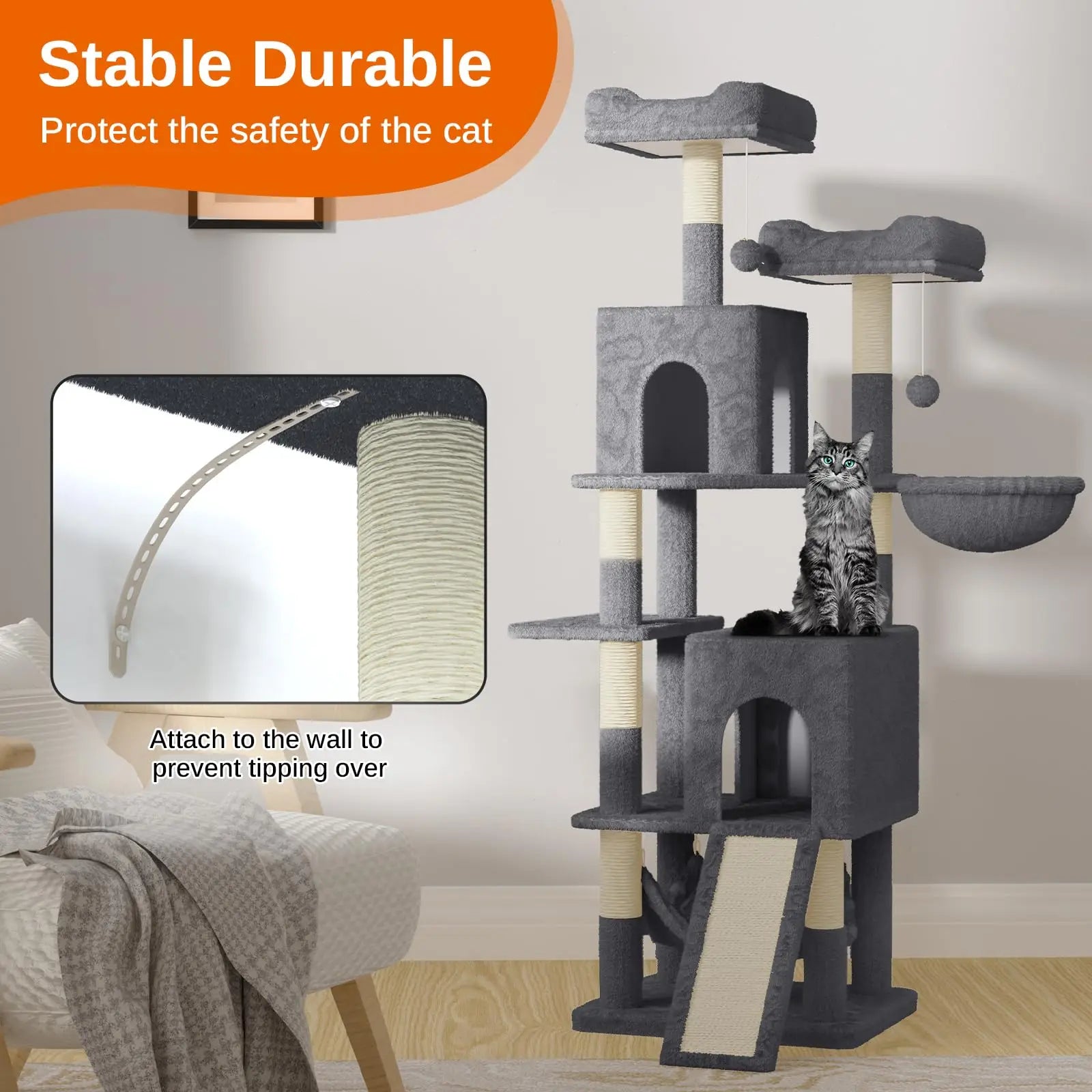 Katten Krabpaal 158 cm – Grote Kattenboom met 2 Huisjes, 2 Hangmatten & 7 Sisal Krabpalen – Luxe Klimtoren voor Binnenkatten