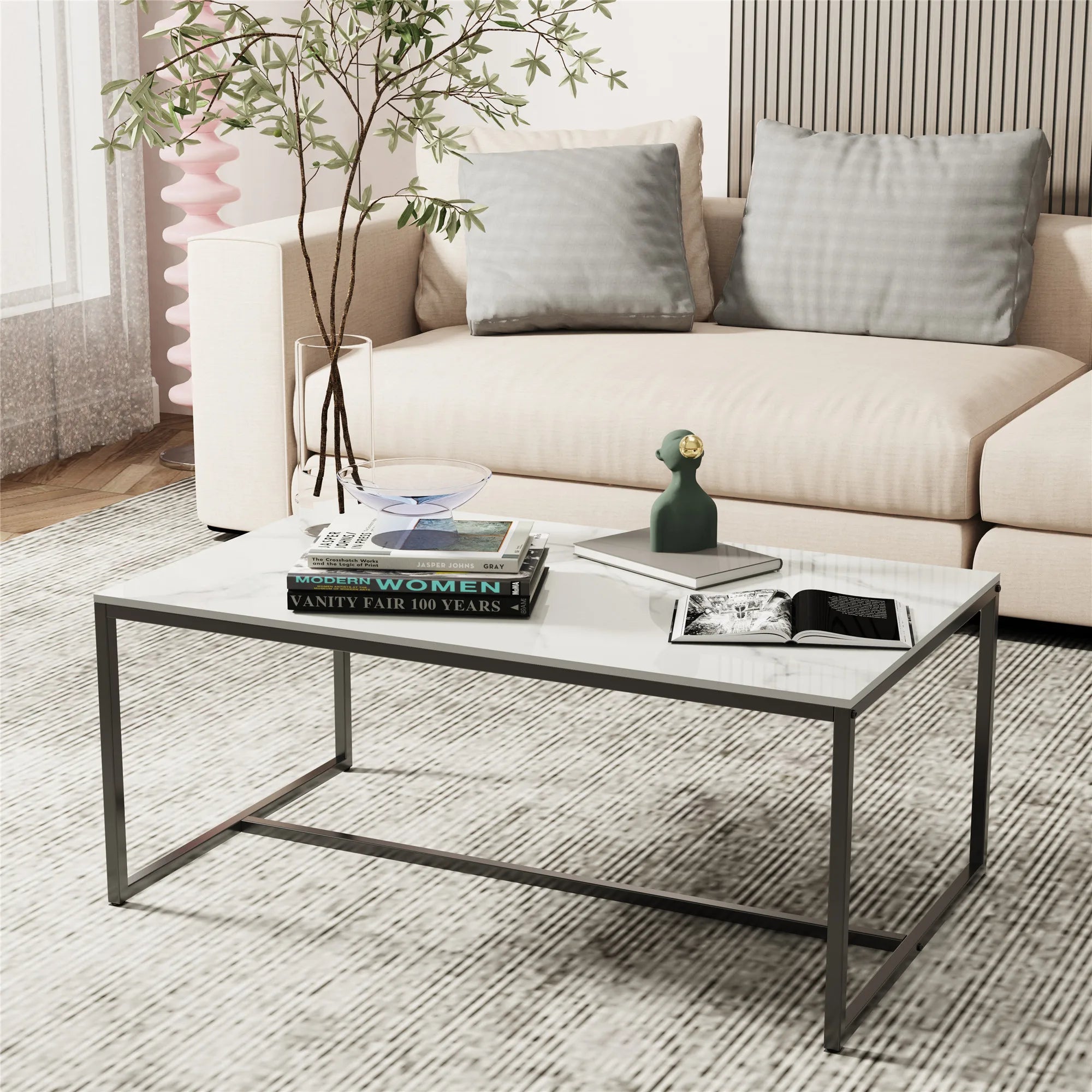 Salontafel van Gesinterd Steen – Moderne Rechthoekige Tafel met Zwart Metalen Frame – Grijs Tafelblad – Luxe & Duurzaam Design