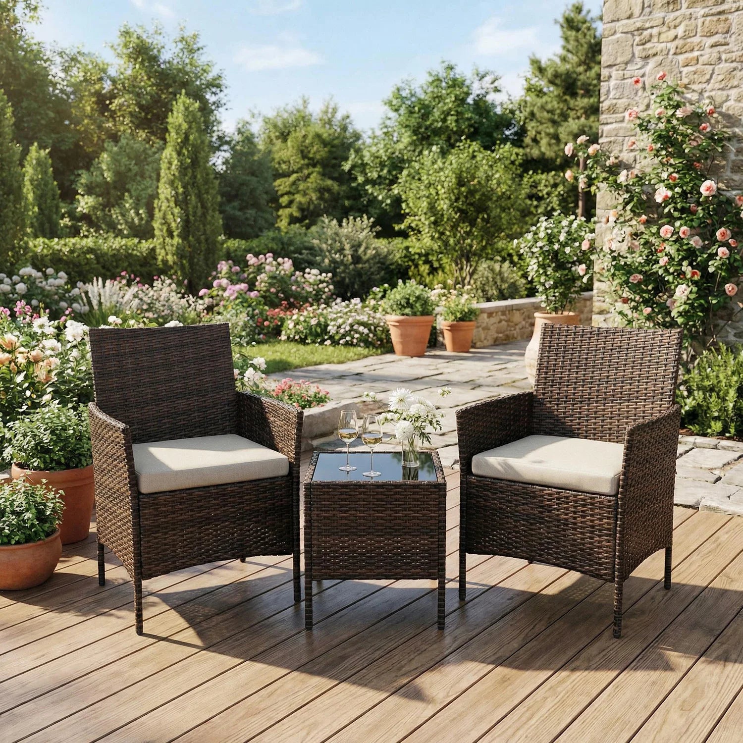 3-Delige Rotan Bistroset met Kussens – 2 Tuinstoelen & Glazen Salontafel – Tuinset voor Tuin, Terras & Veranda