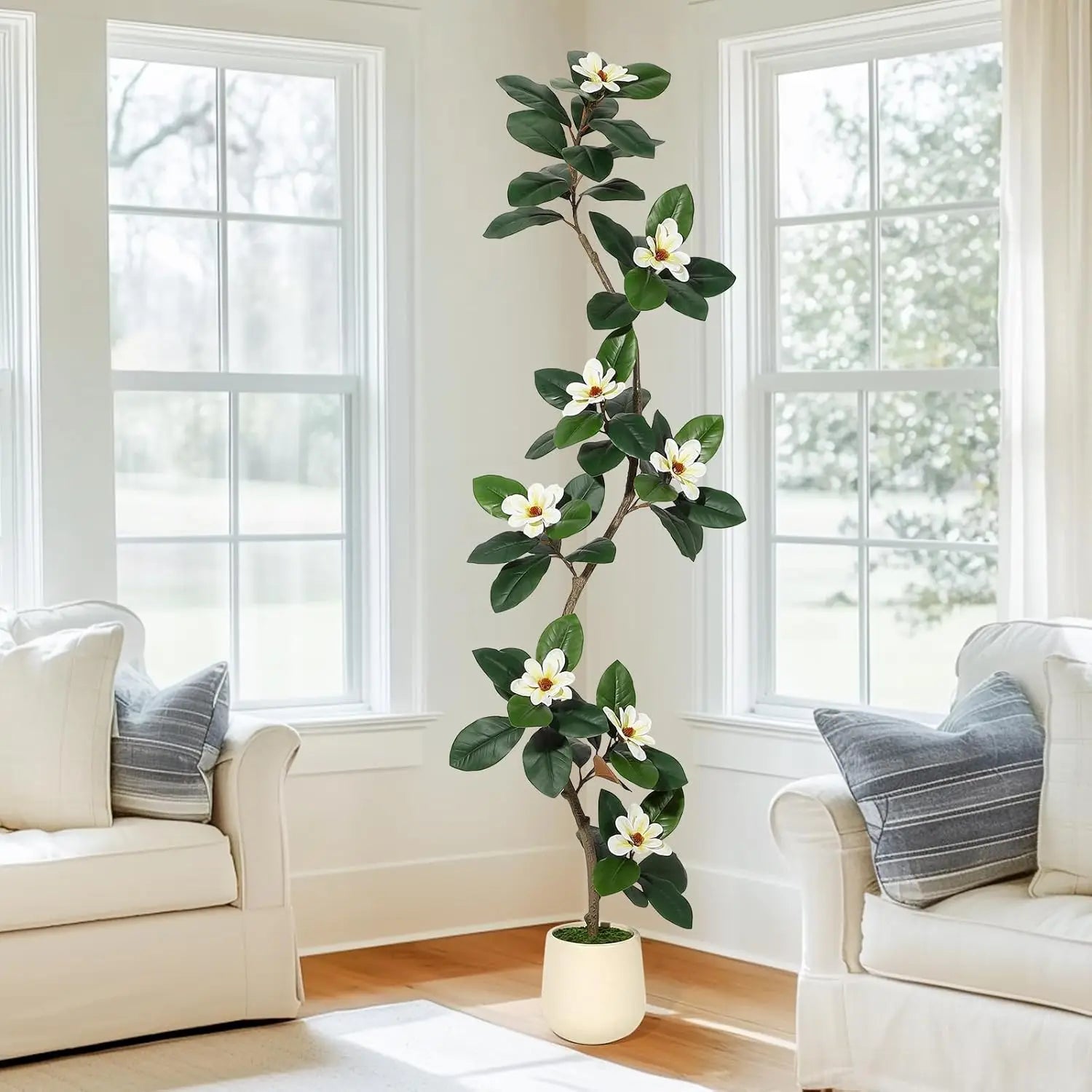 Kunstmatige Rubberboom met Magnoliabloemen – S-vormige Nepplant in Witte Pot voor Binnen, Realistische Kunstplant Groot Formaat