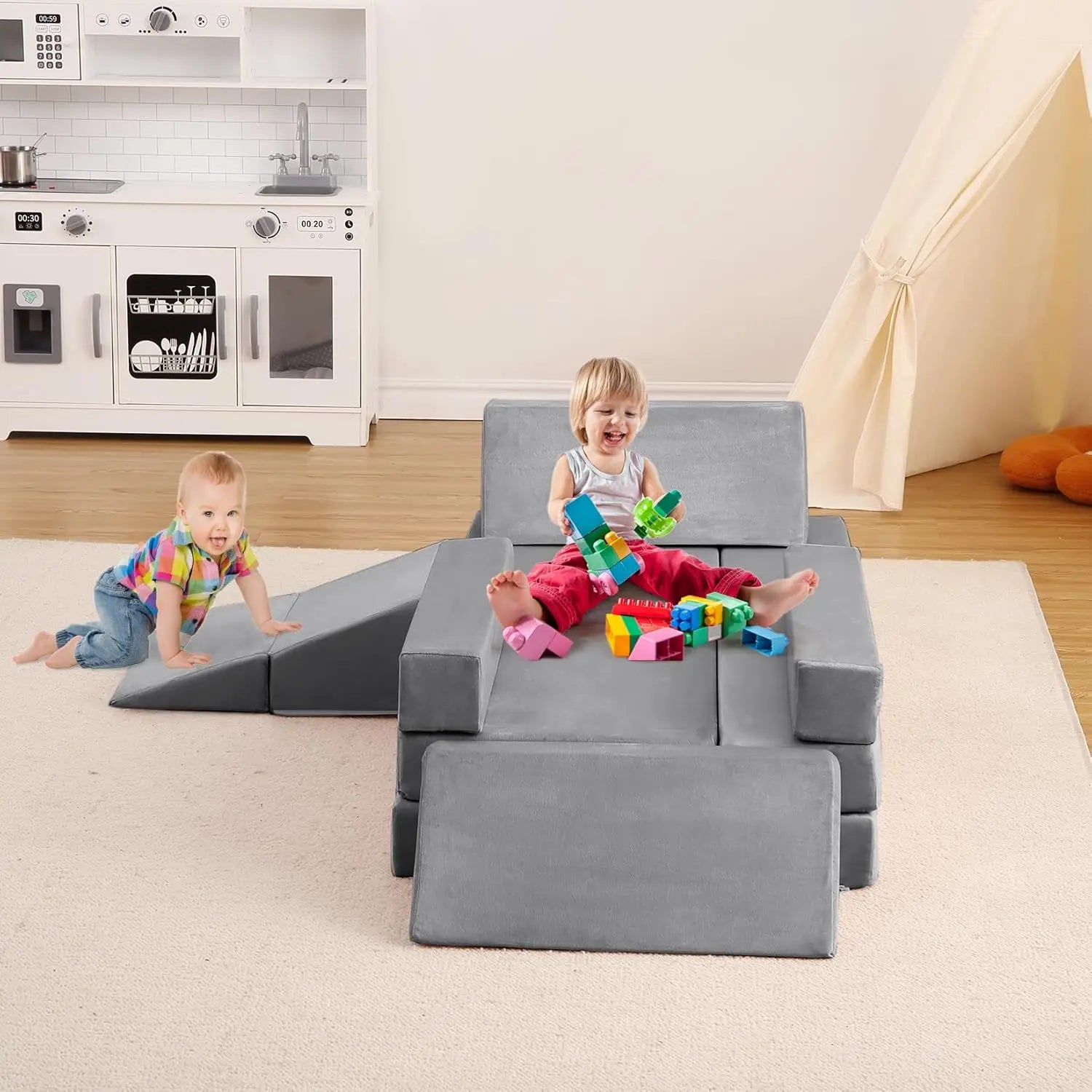 Kinderbank 12-Delige Modulaire Speelbank met Ballenbak & Klimhelling – Speelset voor Speelkamer en Kinderkamer