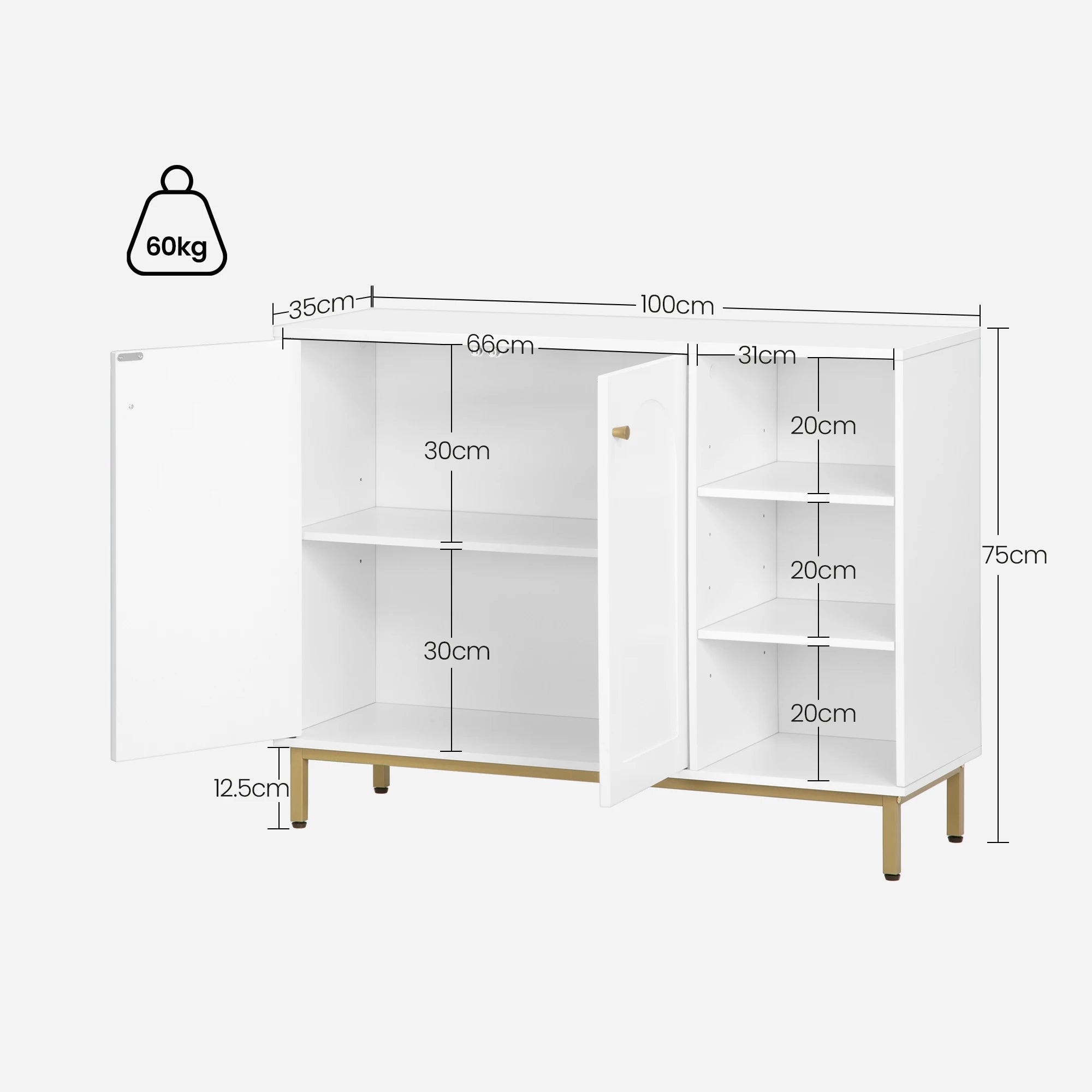 Badkamerkast met Deuren en Open Vakken – Moderne Witte Opbergkast met Verstelbare Plank en Gouden Poten – Multifunctionele Kast voor Badkamer, Woonkamer of Hal