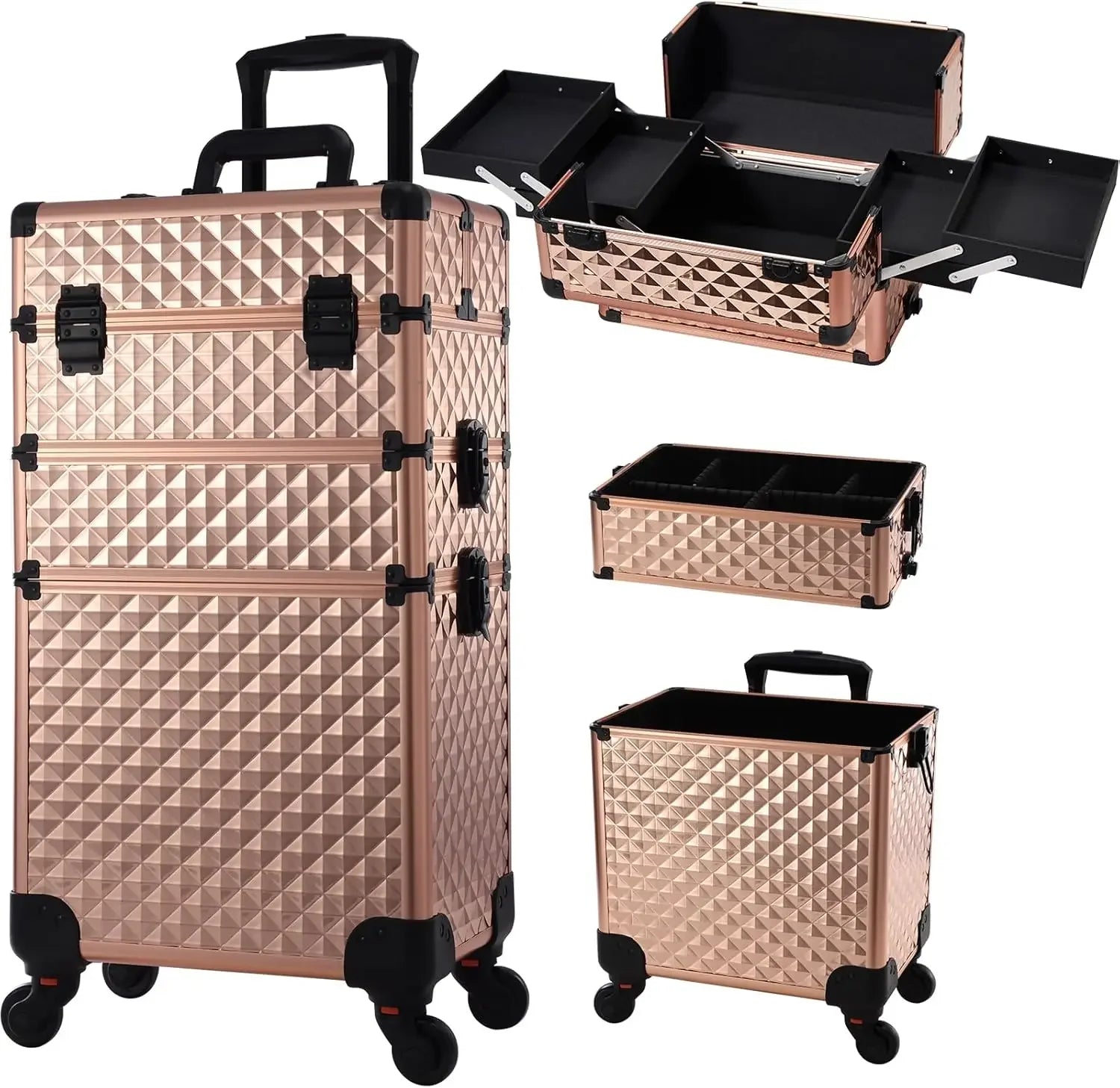 Rollende Make-up Koffer 3-in-1 – Professionele Cosmetica Trolley met Wieltjes, Slot en Afneembare Koffer – Beauty Organizer voor Salon en Reizen