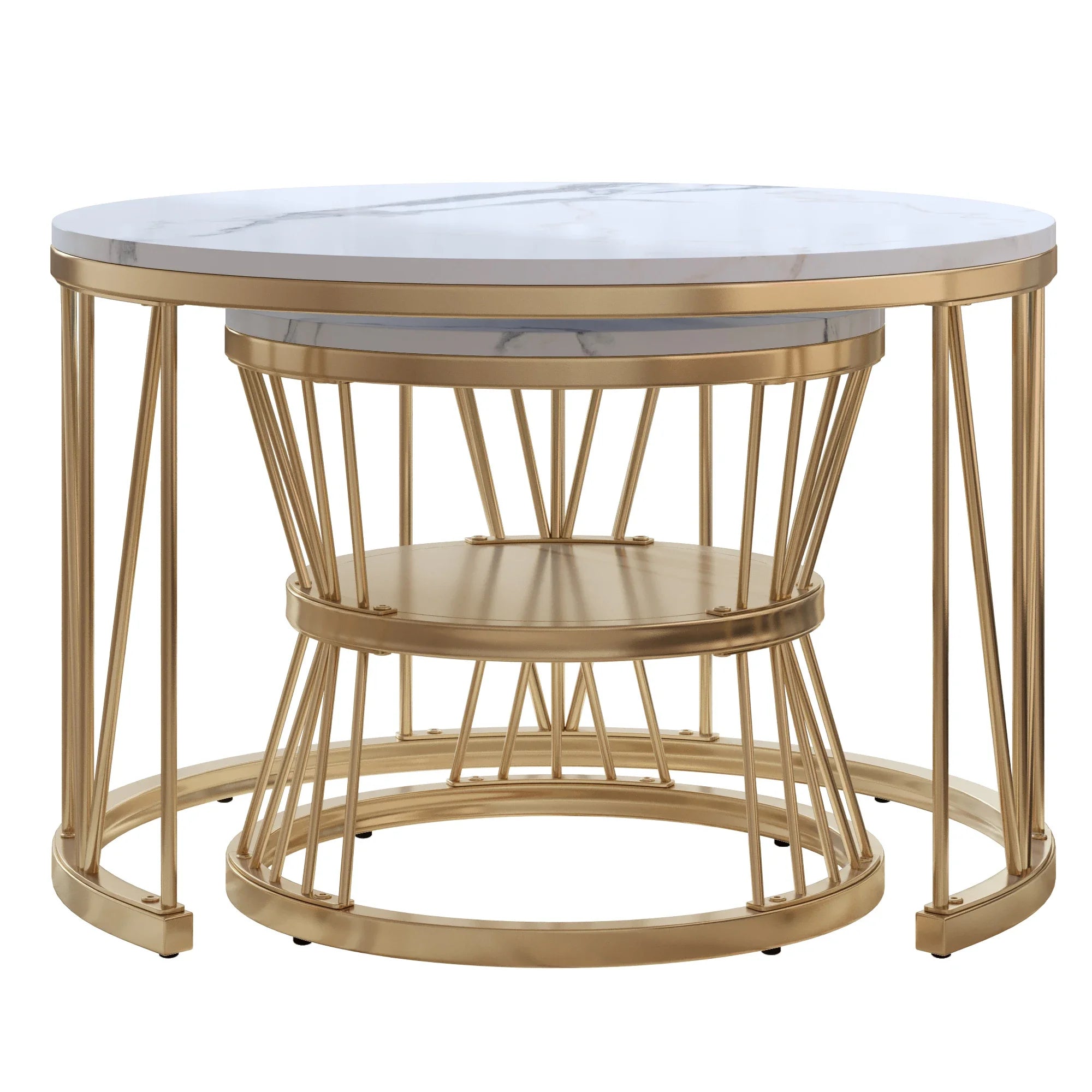 Set van 2 Ronde Marmeren Koffietafels – Goud/Wit – Luxe Salontafel Set