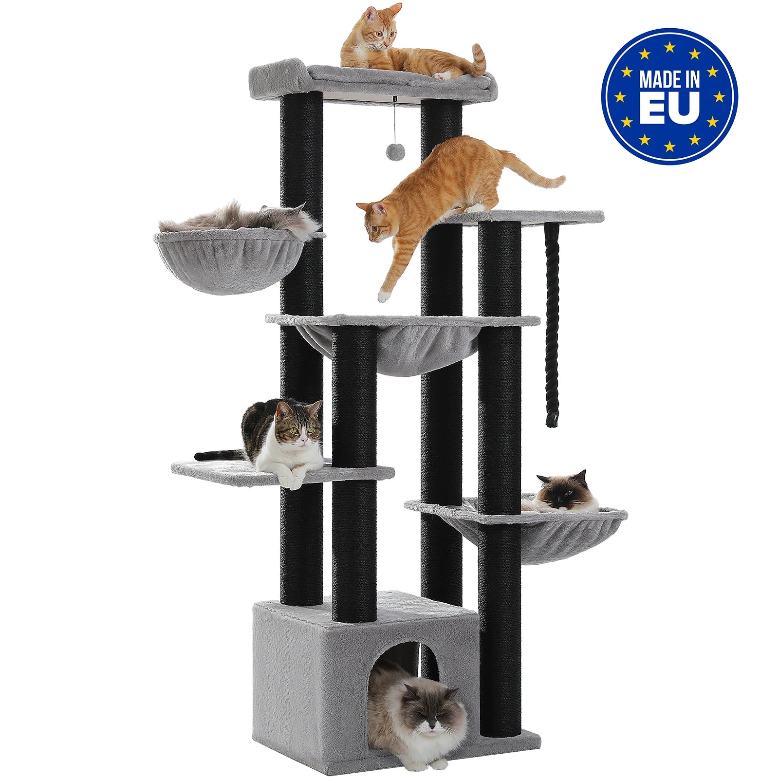 Grote Kattenboom voor Grote Katten – Robuuste Krabpaal met 11 Sisal Palen, Hangmatten en Kattenhuis