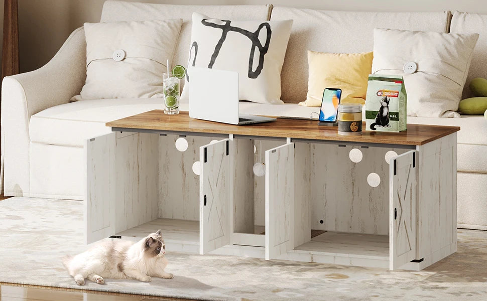 Kattenbak Meubel met Stopcontact en USB – Verborgen Kattenbak Kast voor 2 Katten – Kattenhuis Binnen met Deuren & Accessoires