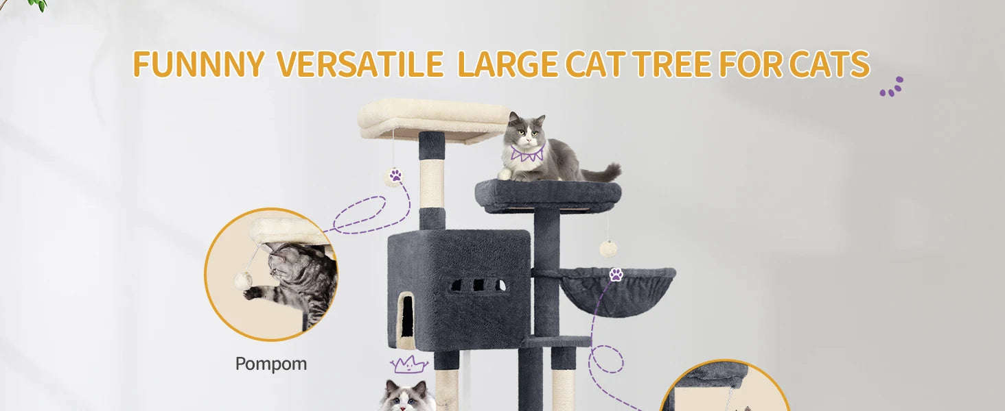 XXL Kattenboom 193 cm – Grote Krabpaal met 7 Niveaus, 3 Kattenhuizen, Platforms & Sisal Krabpalen voor Meerdere Katten