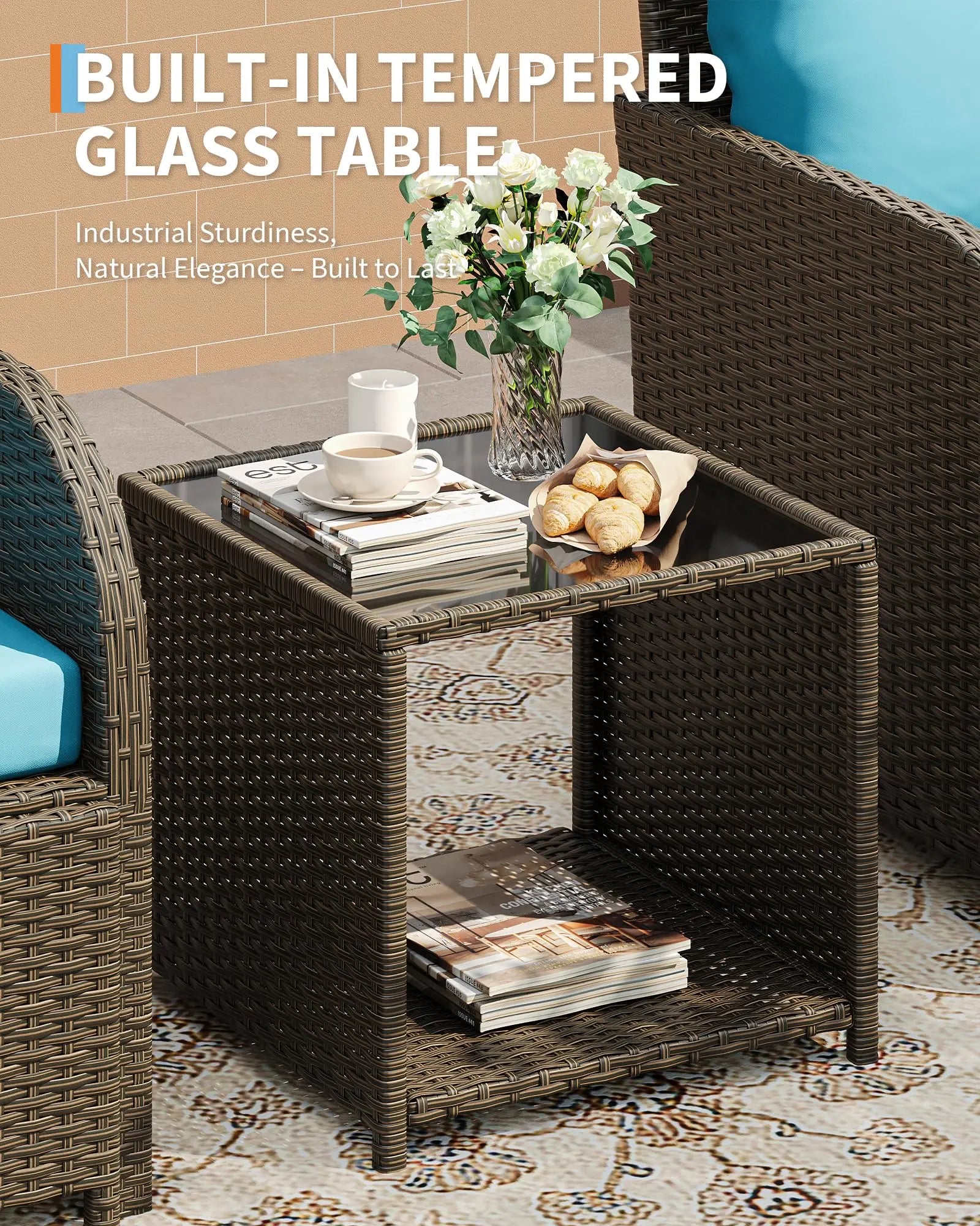 5-Delige Rotan Loungeset met Voetenbanken & Glazen Tafel – Tuinset voor Balkon, Terras & Tuin