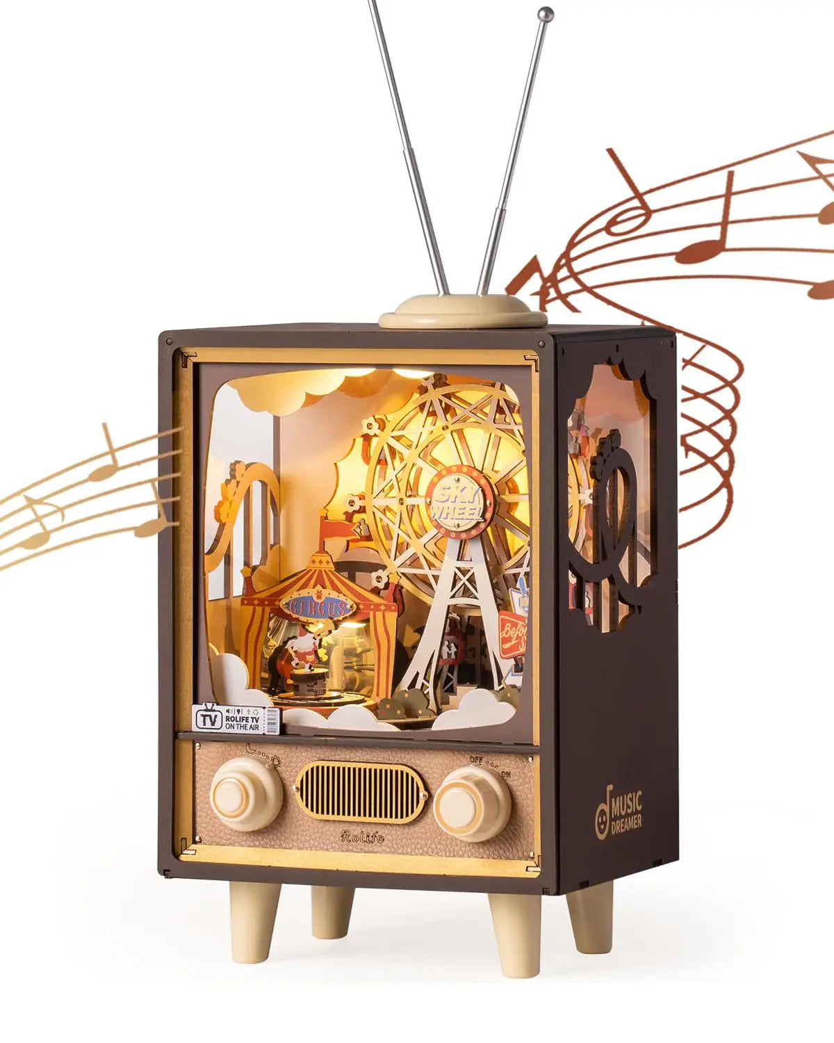 3D Houten Muziekdoos Reuzenrad met Licht – Sunset Carnival Nachtlampje en Decoratie – USB Oplaadbaar voor Woonkamer en Slaapkamer