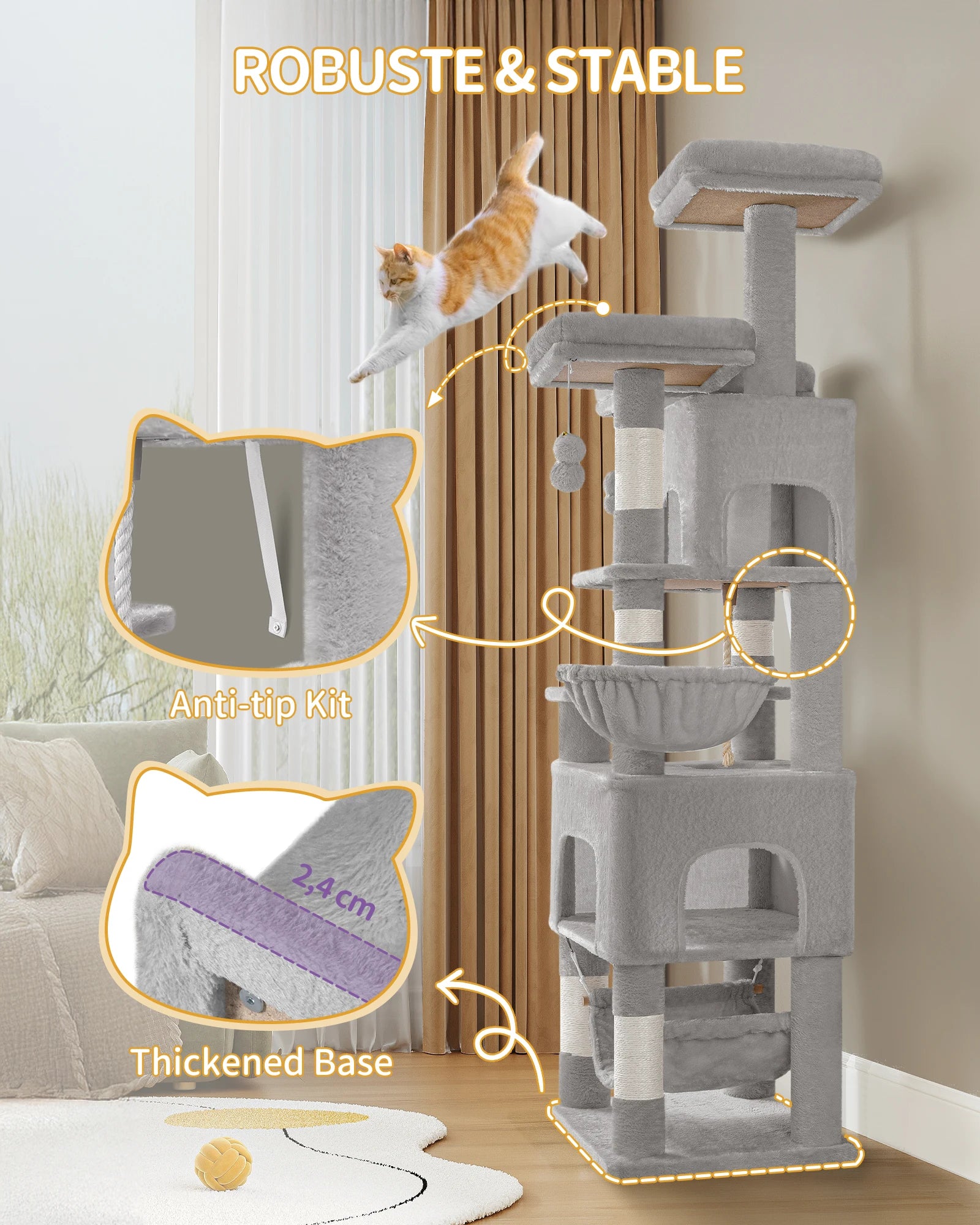 XL Kattenboom 176 cm – Krabpaal met 3 Plateaus, 2 Huisjes & Hangmat – Stevige Kattenkrabpaal voor Meerdere Katten